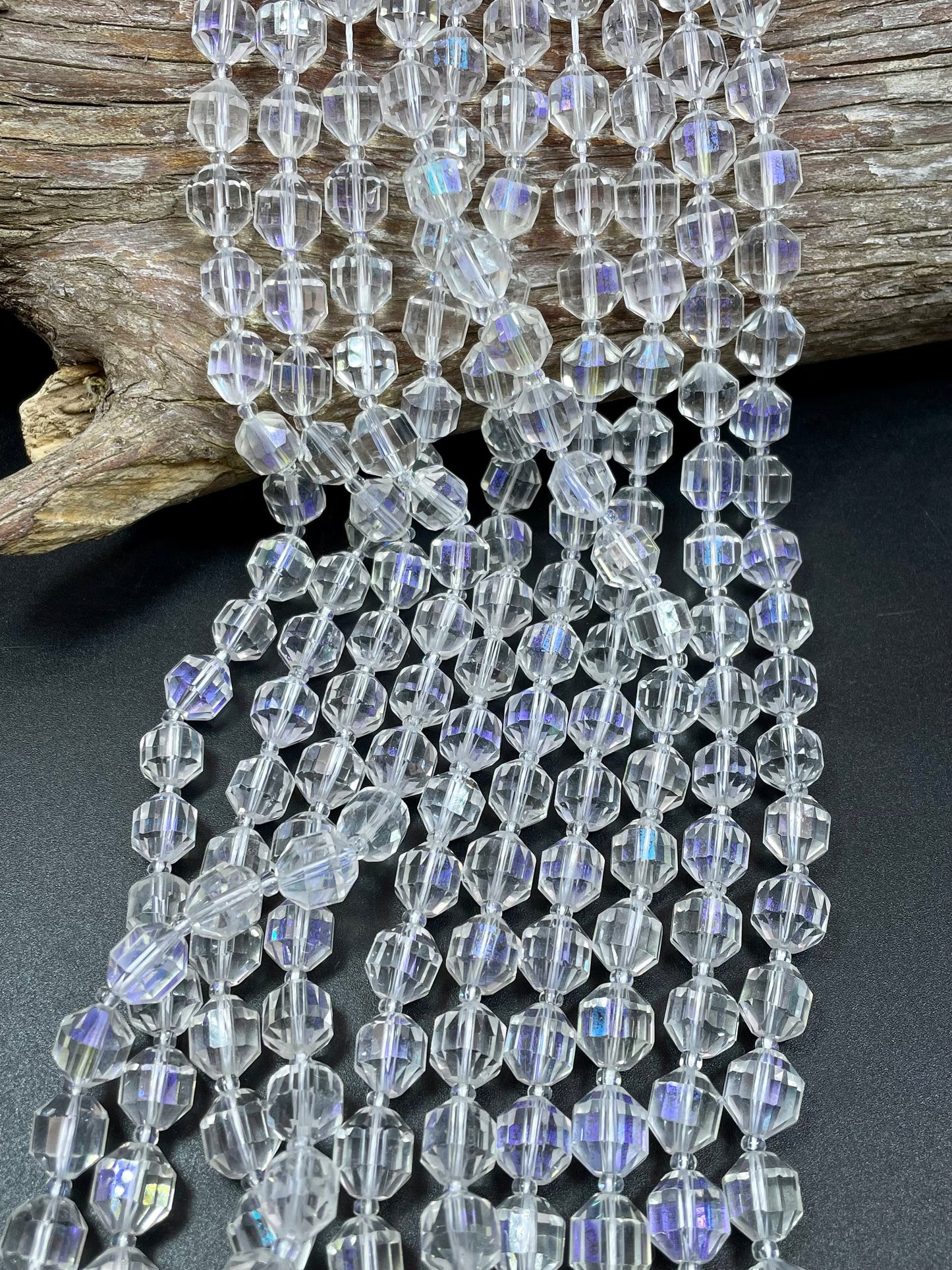 Natural Clear Rock Crystal Quartz stone bead. Faceted 10mm diamond cut shape. Beautiful Mystic clear color, rainbow flash. Full strand 15.5"
