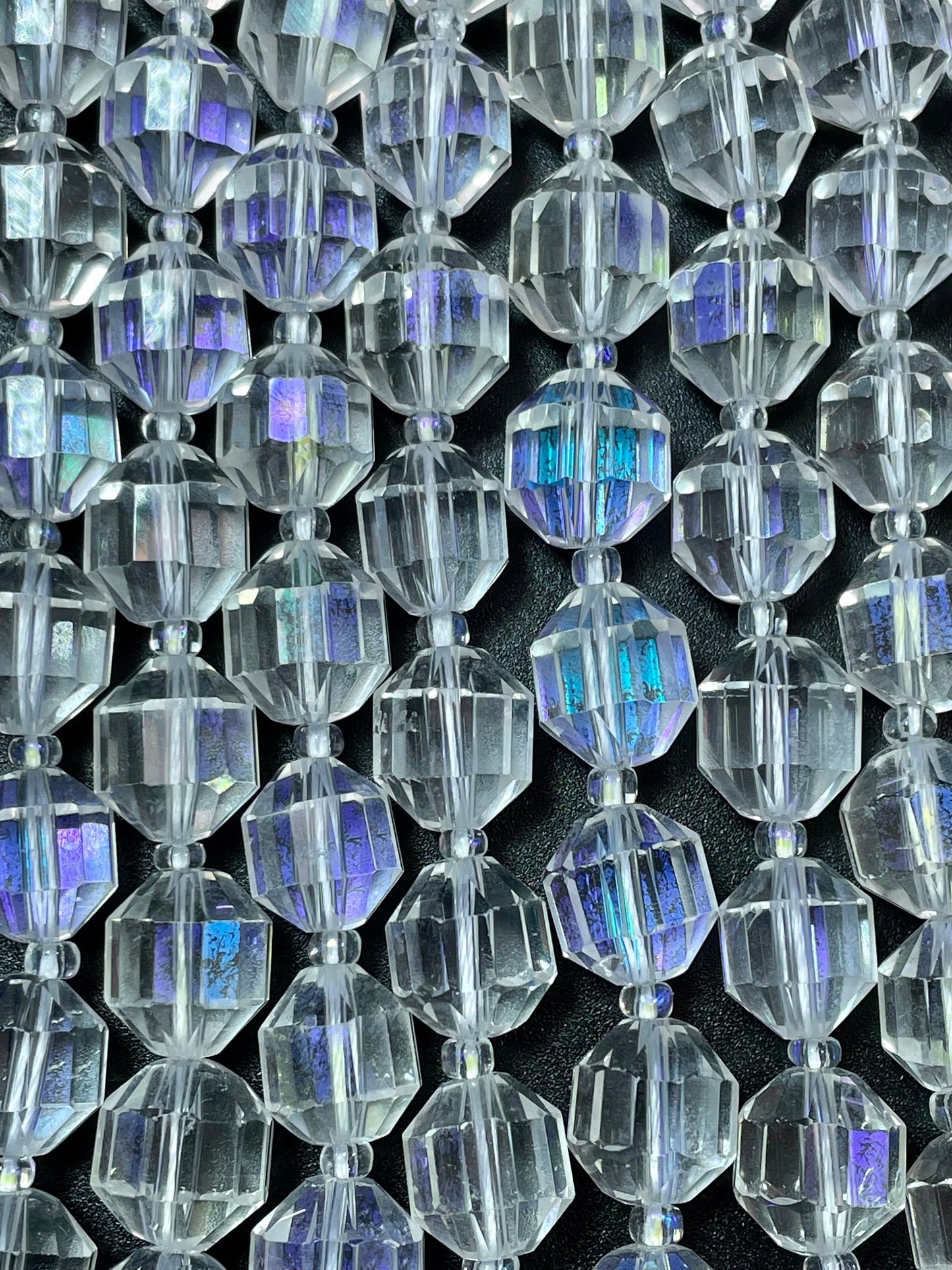 Natural Clear Rock Crystal Quartz stone bead. Faceted 10mm diamond cut shape. Beautiful Mystic clear color, rainbow flash. Full strand 15.5"