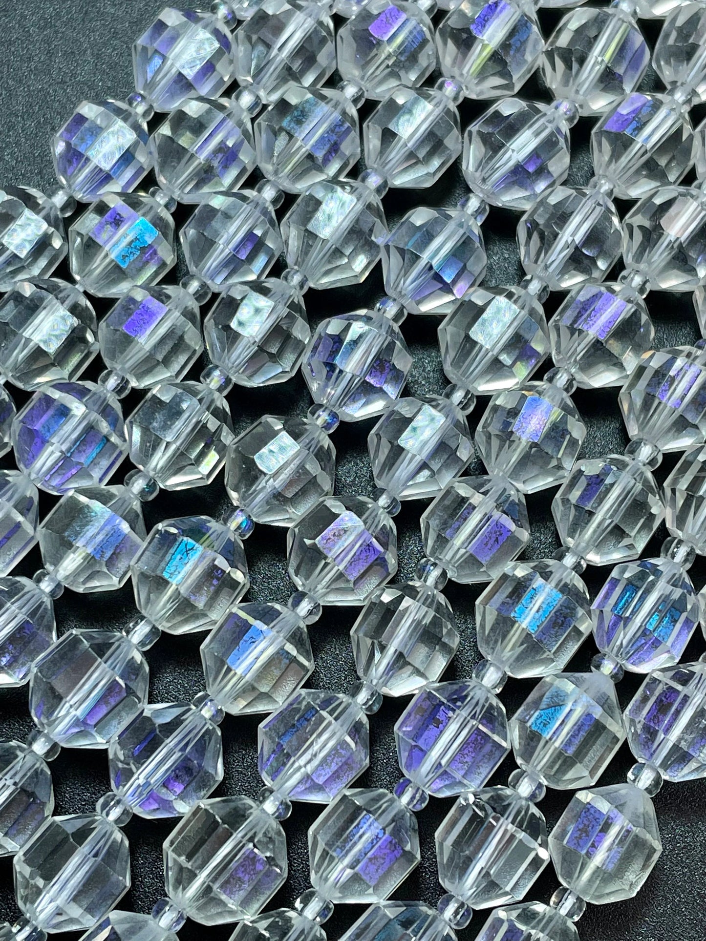 Natural Clear Rock Crystal Quartz stone bead. Faceted 10mm diamond cut shape. Beautiful Mystic clear color, rainbow flash. Full strand 15.5"