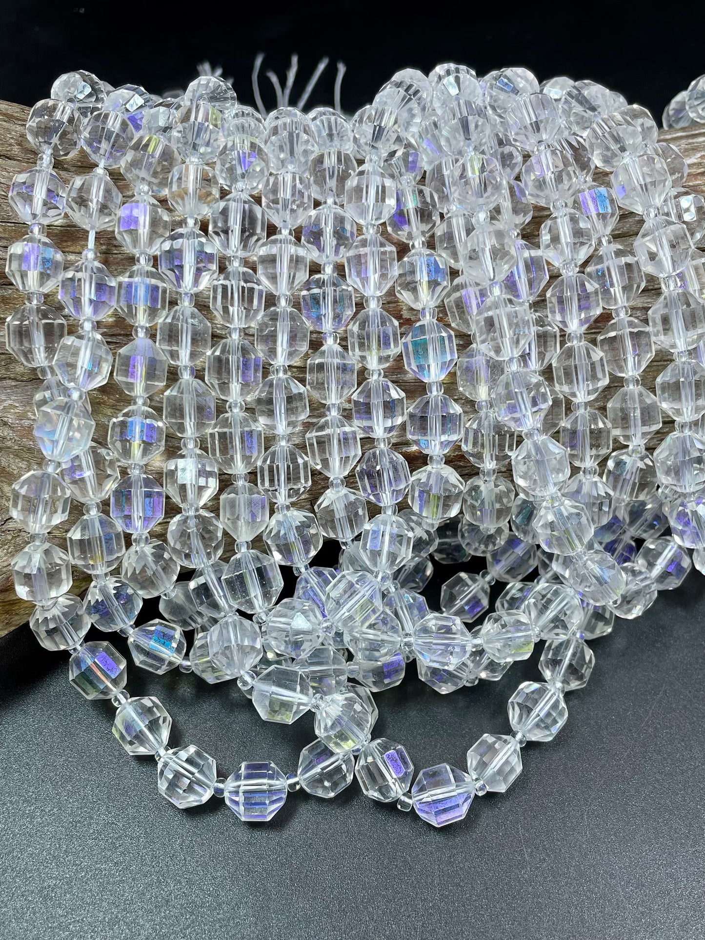Natural Clear Rock Crystal Quartz stone bead. Faceted 10mm diamond cut shape. Beautiful Mystic clear color, rainbow flash. Full strand 15.5"