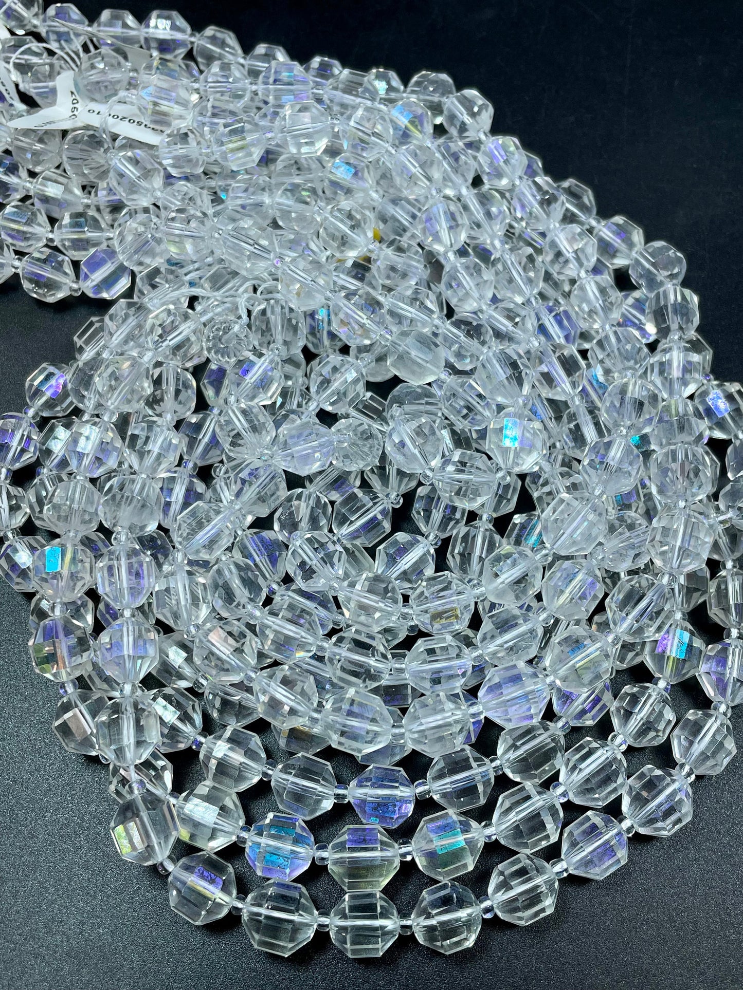 Natural Clear Rock Crystal Quartz stone bead. Faceted 10mm diamond cut shape. Beautiful Mystic clear color, rainbow flash. Full strand 15.5"