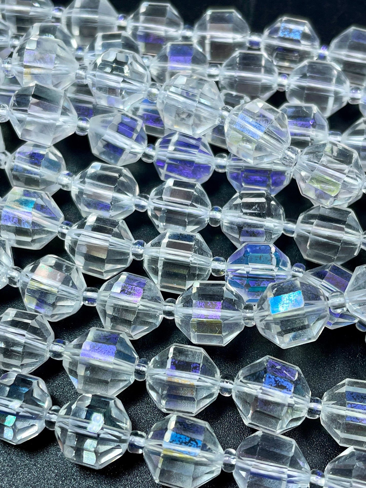 Natural Clear Rock Crystal Quartz stone bead. Faceted 10mm diamond cut shape. Beautiful Mystic clear color, rainbow flash. Full strand 15.5"