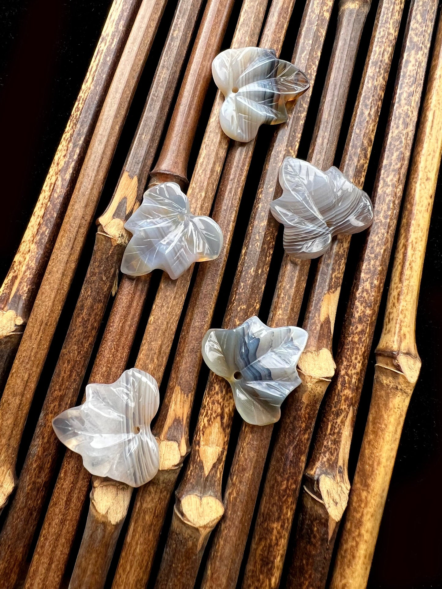 Natural Botswana Agate Pendant Hand Carved Maple Leaf 24mm Gorgeous Gray Color Handmade Earring Loose Bead Loose Pendant Loose Earring bead