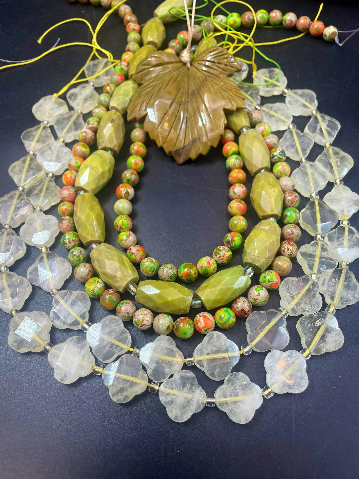 NEW! BULK SET! Natural Multi Gemstone Beads Set. 13x20mm Green Opal Barrel Shape. 18mm Lemon Quartz Clover Shape. 8mm Sea Sediment 15.5”