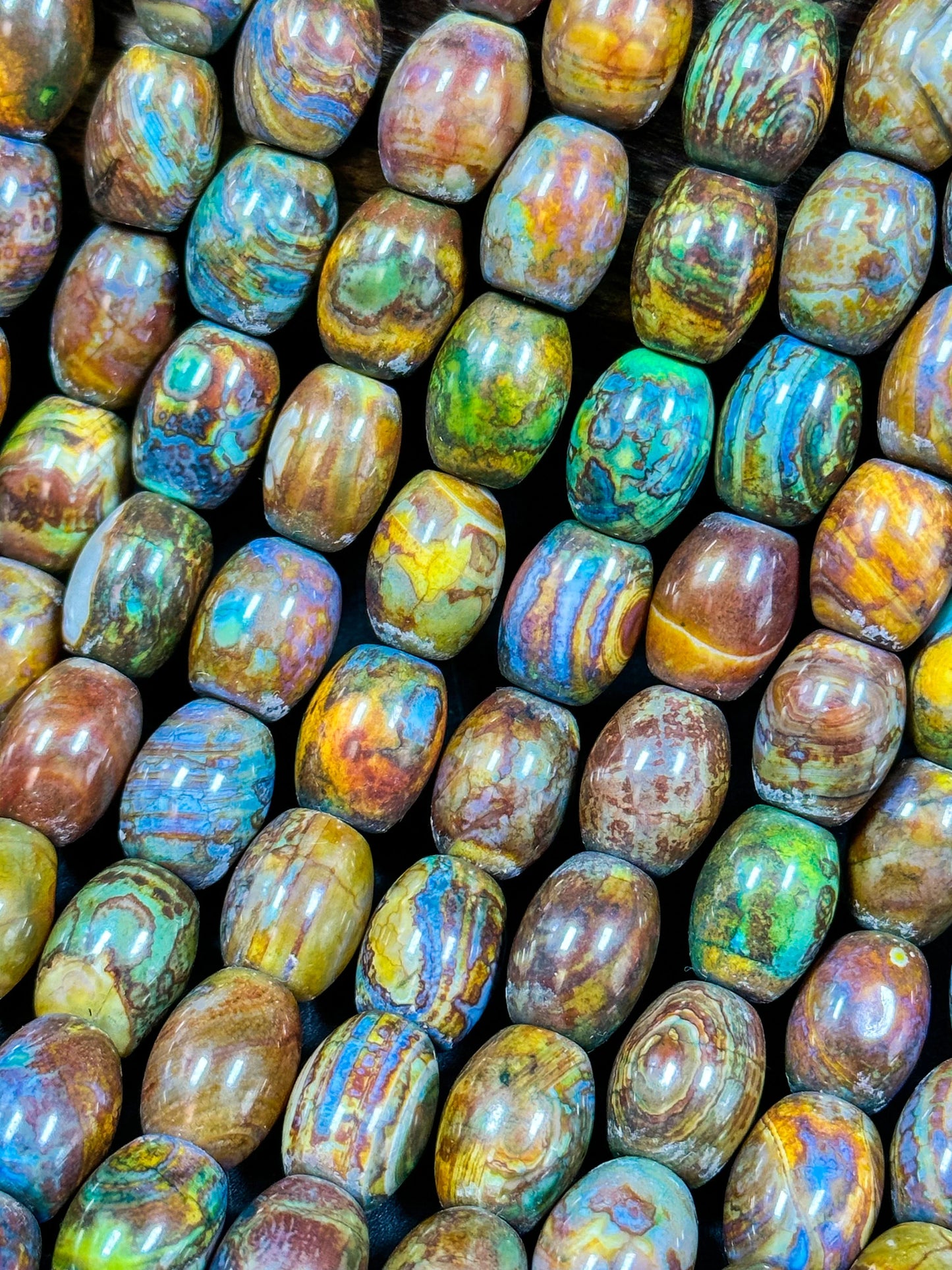 AAA NATURAL Tibetan Gemstone Bead 15x19mm Barrel Shape Bead, Gorgeous Multicolor Orange Brown Turquoise Color Tibetan Stone Bead Full Strand