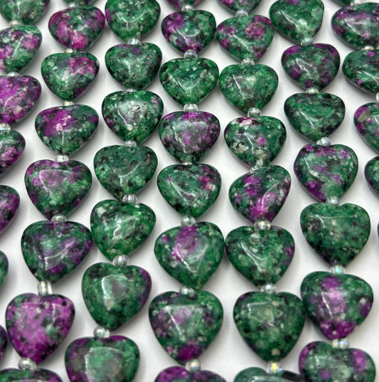 NATURAL Ruby Zoisite Gemstone Bead 14mm Heart Shape, Beautiful Green Ruby Red Color Zoisite Gemstone, Full Strand 15.5"