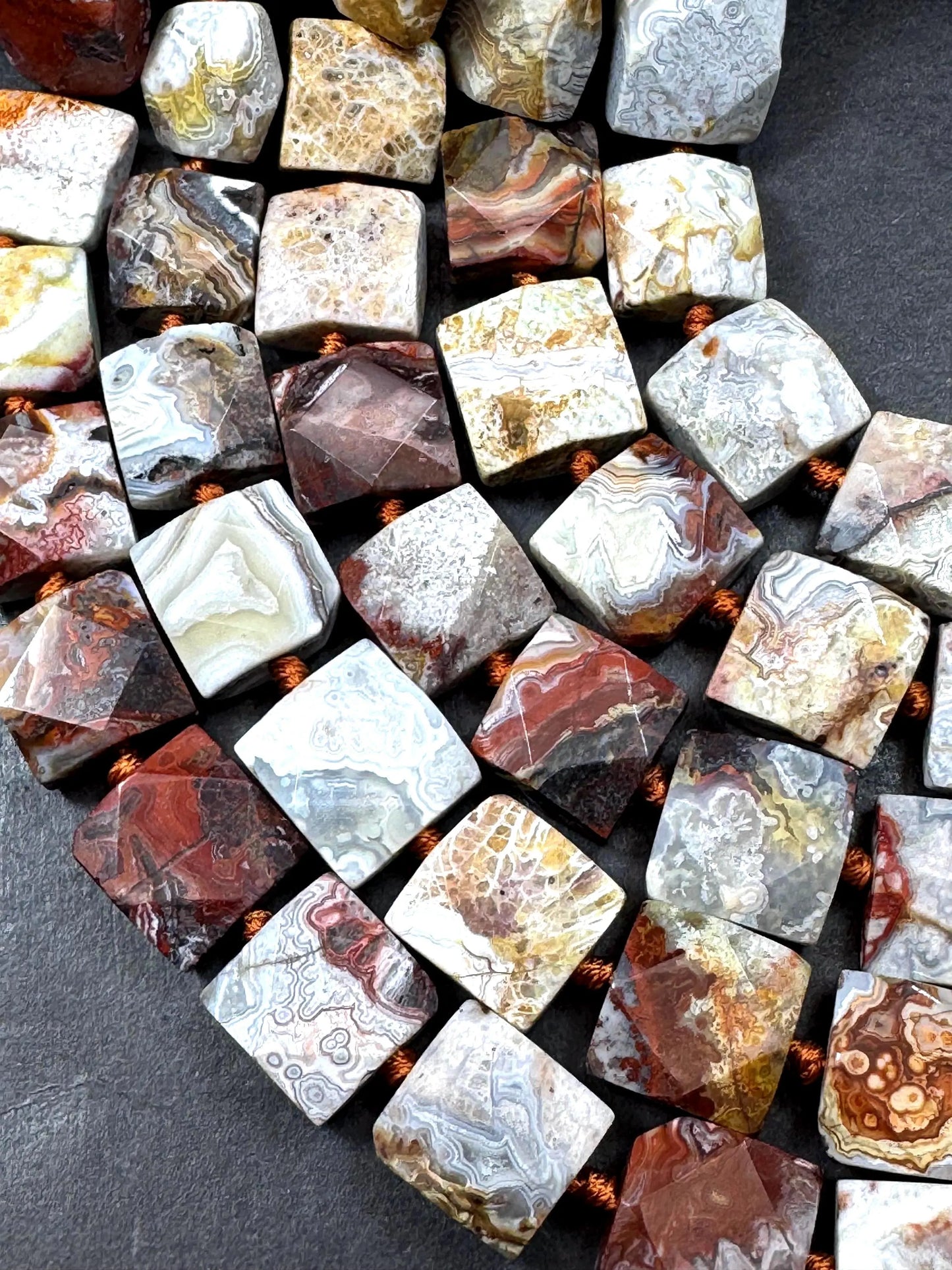 Natural lace agate gemstone bead . faceted square shape . gorgeous natural color not treated ! excellent quality. full strand 15.5”
