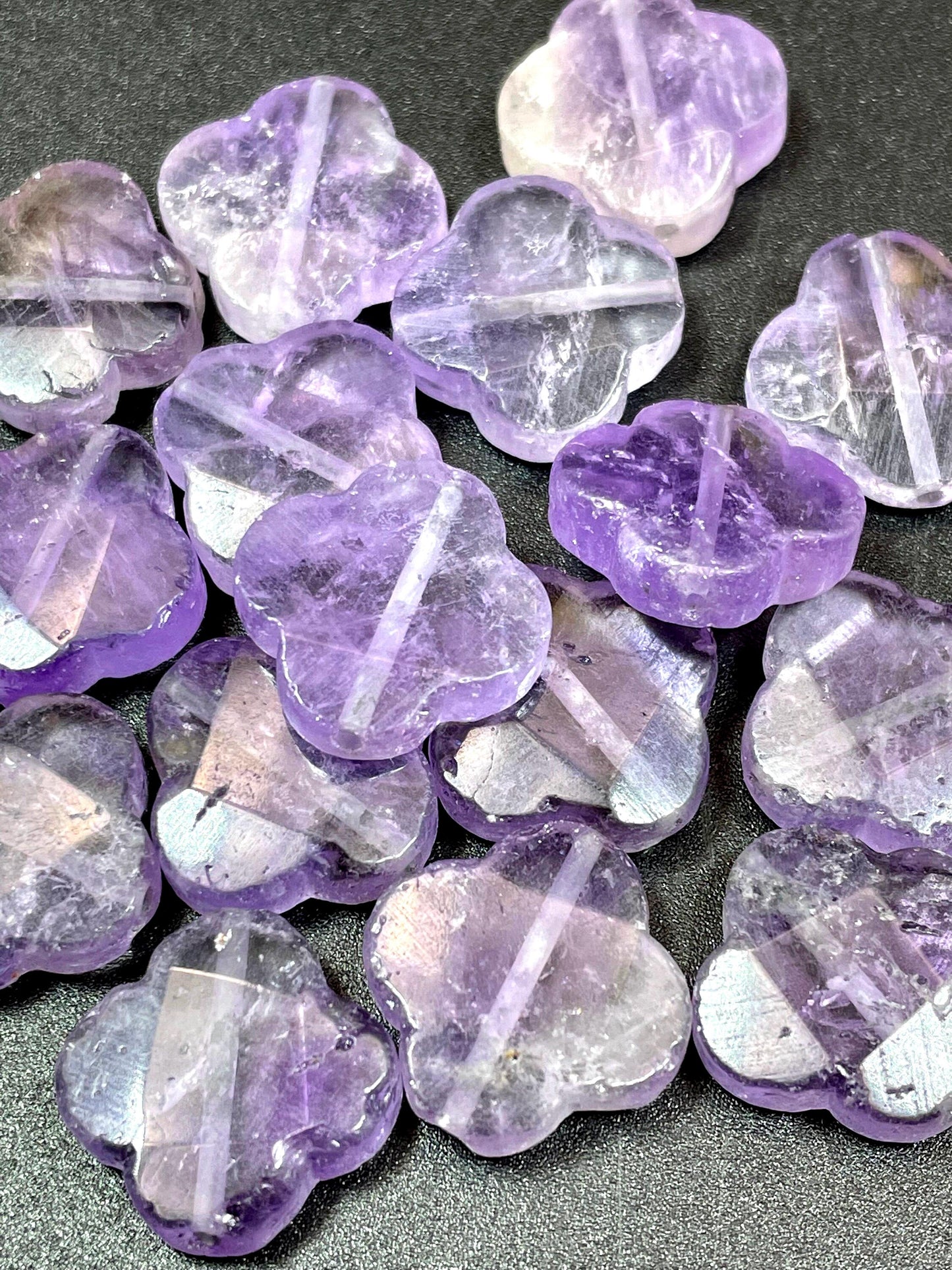 Natural amethyst stone bead. 17x17mm faceted clover flower shape. Gorgeous natural purple lavender color. Great quality amethyst pendant.