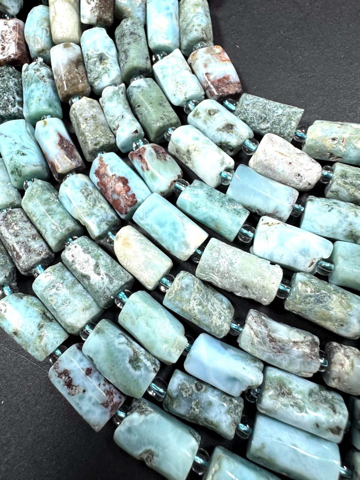 Natural blue Larimar gemstone bead. 8x12mm tube shape .beautiful Natural color. Excellent quality . full strand 15.5”