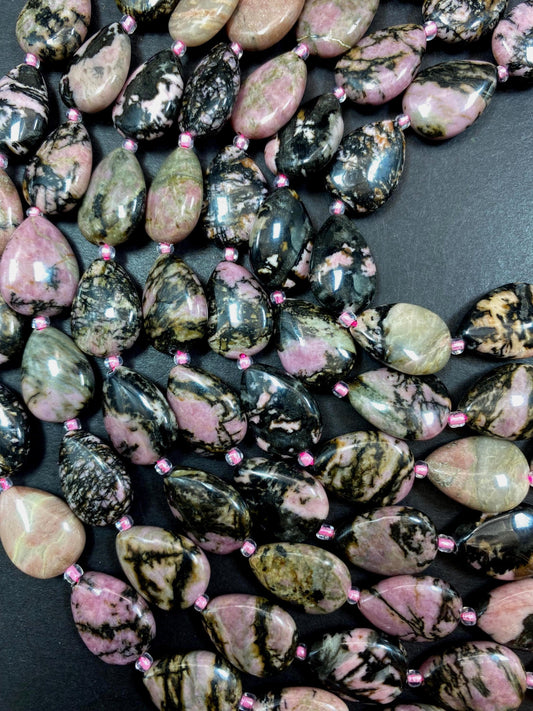 NATURAL Rhodonite Gemstone Bead. 13x16mm Teardrop Shape Beads. Beautiful Black Pink Color. Full Strand 15.5"