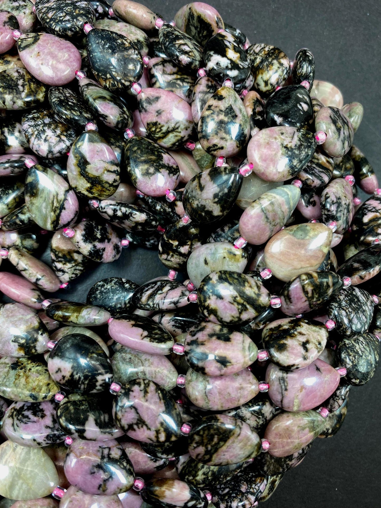 NATURAL Rhodonite Gemstone Bead. 13x16mm Teardrop Shape Beads. Beautiful Black Pink Color. Full Strand 15.5"