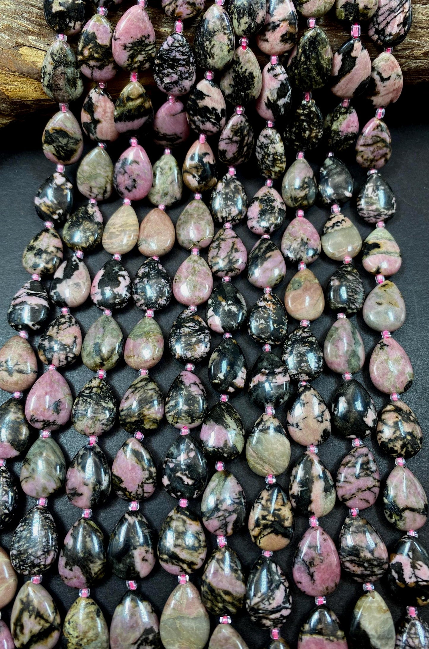 NATURAL Rhodonite Gemstone Bead. 13x16mm Teardrop Shape Beads. Beautiful Black Pink Color. Full Strand 15.5"