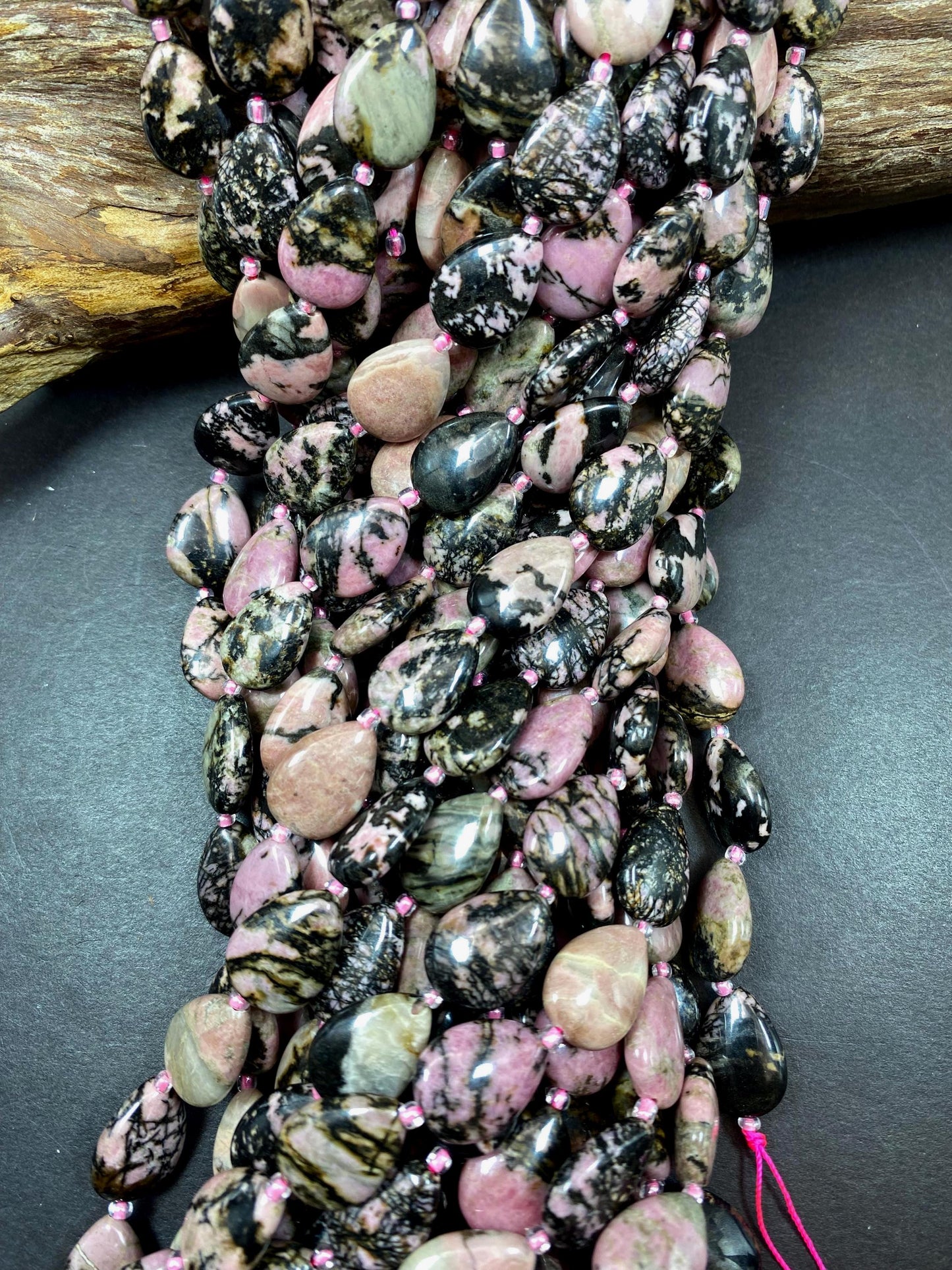 NATURAL Rhodonite Gemstone Bead. 13x16mm Teardrop Shape Beads. Beautiful Black Pink Color. Full Strand 15.5"
