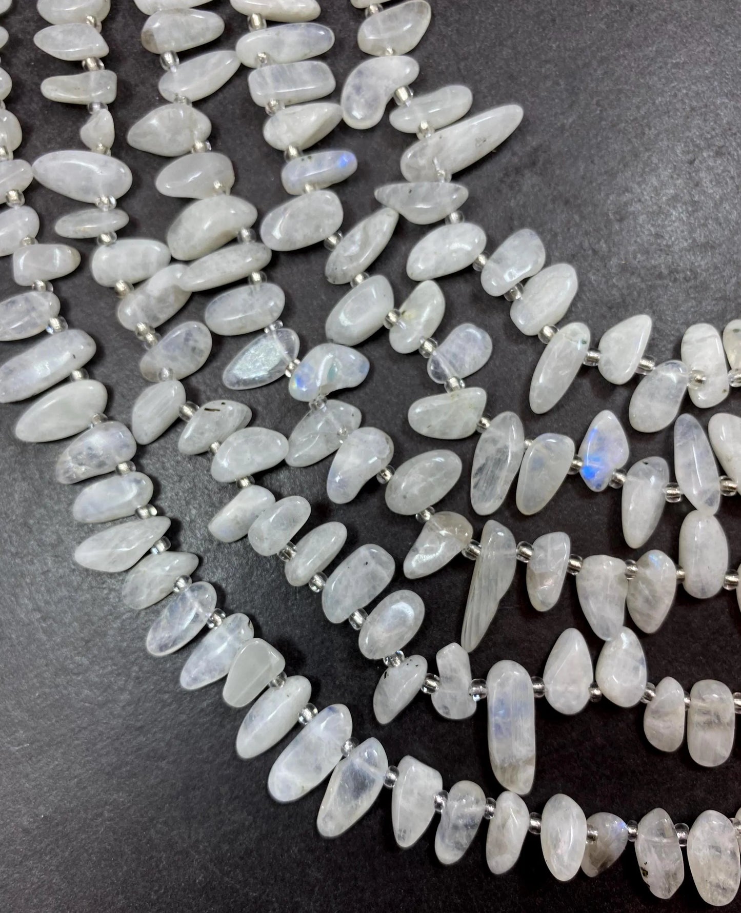 White Moonstone with blue flash Gemstone Beads Stick or Tooth Shape, Beautiful White Color Gemstone Beads, Full Strand 15.5"