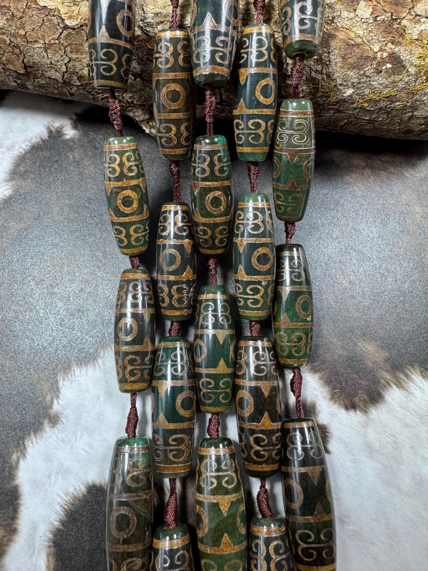 Natural Tibetan gemstone bead. barrel shape . gorgeous green brown color. hand painted gemstone bead. full strand 15.5”