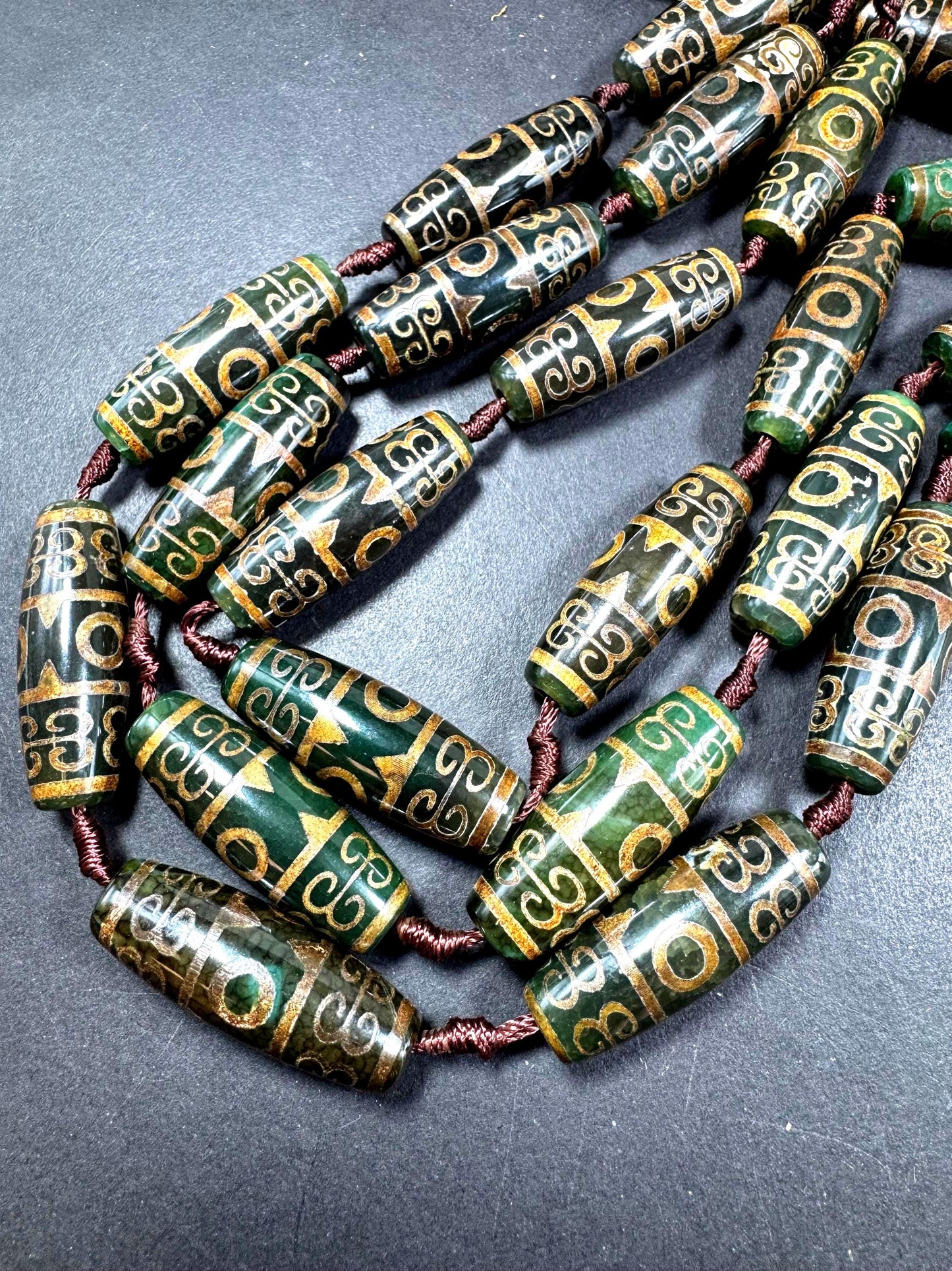 Natural Tibetan gemstone bead. barrel shape . gorgeous green brown color. hand painted gemstone bead. full strand 15.5”