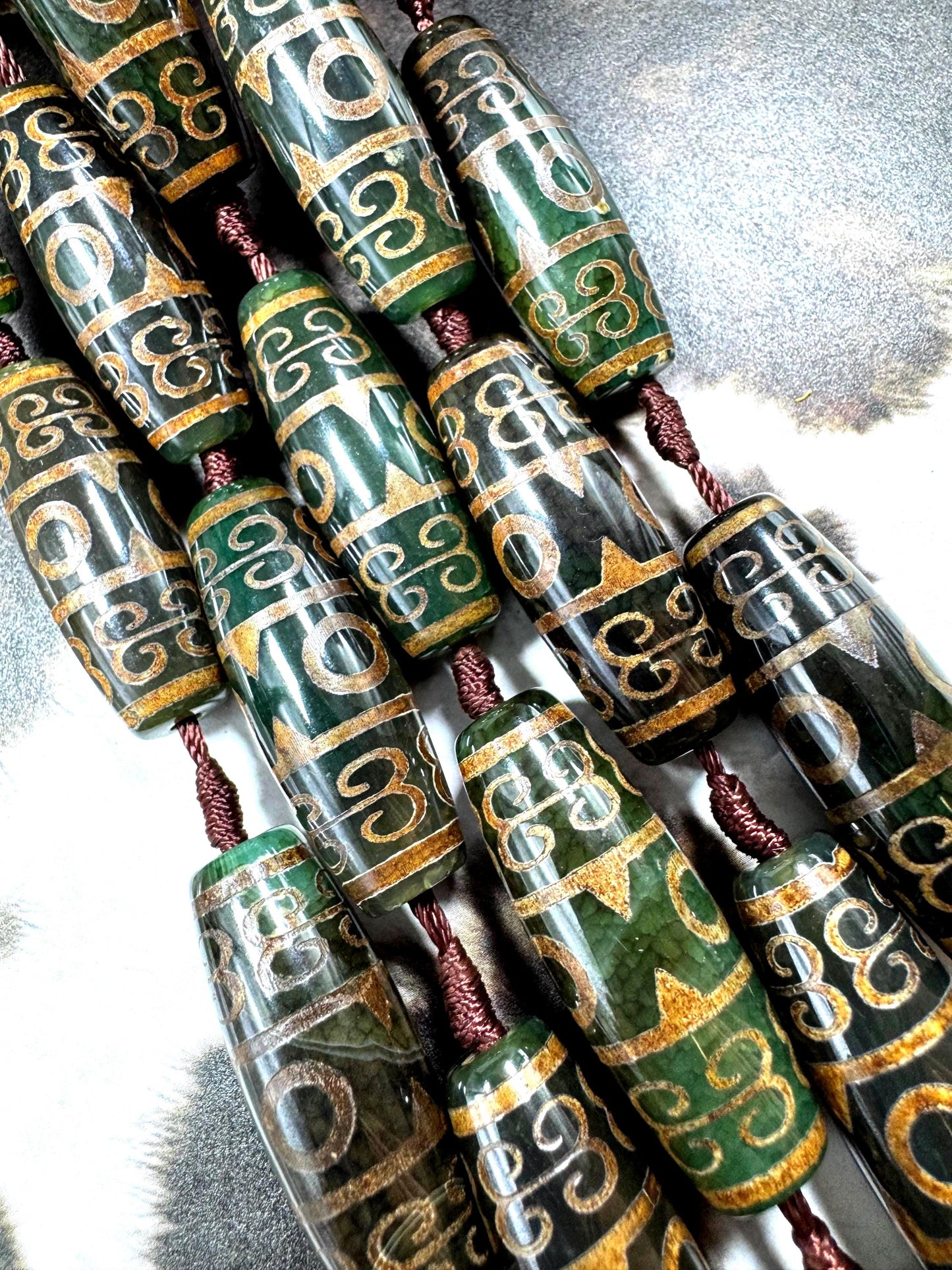 Natural Tibetan gemstone bead. barrel shape . gorgeous green brown color. hand painted gemstone bead. full strand 15.5”