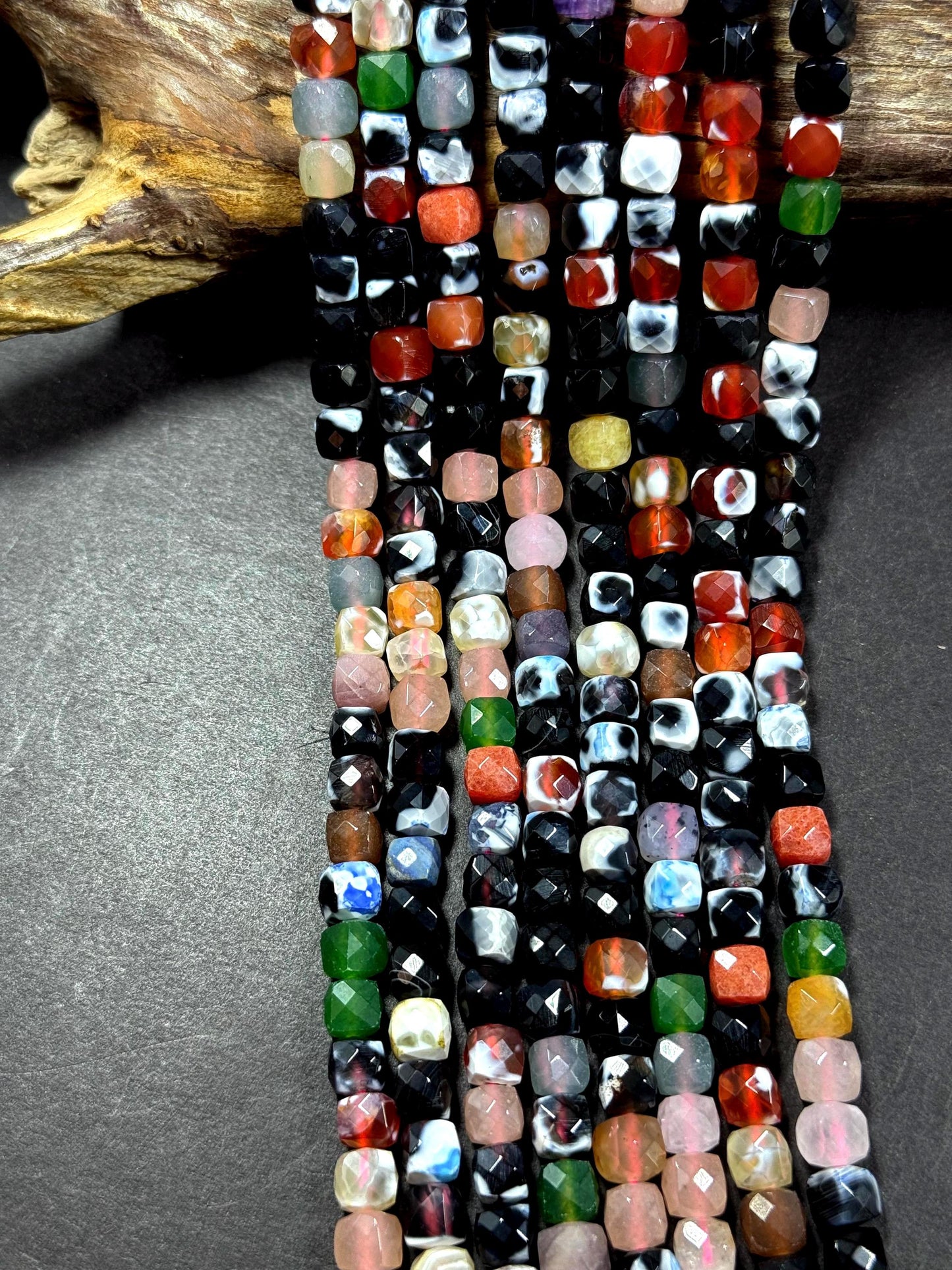 Natural multi color gemstone bead. cube shape . beautiful black with white red green multi color agate bead. excellent quality full strand