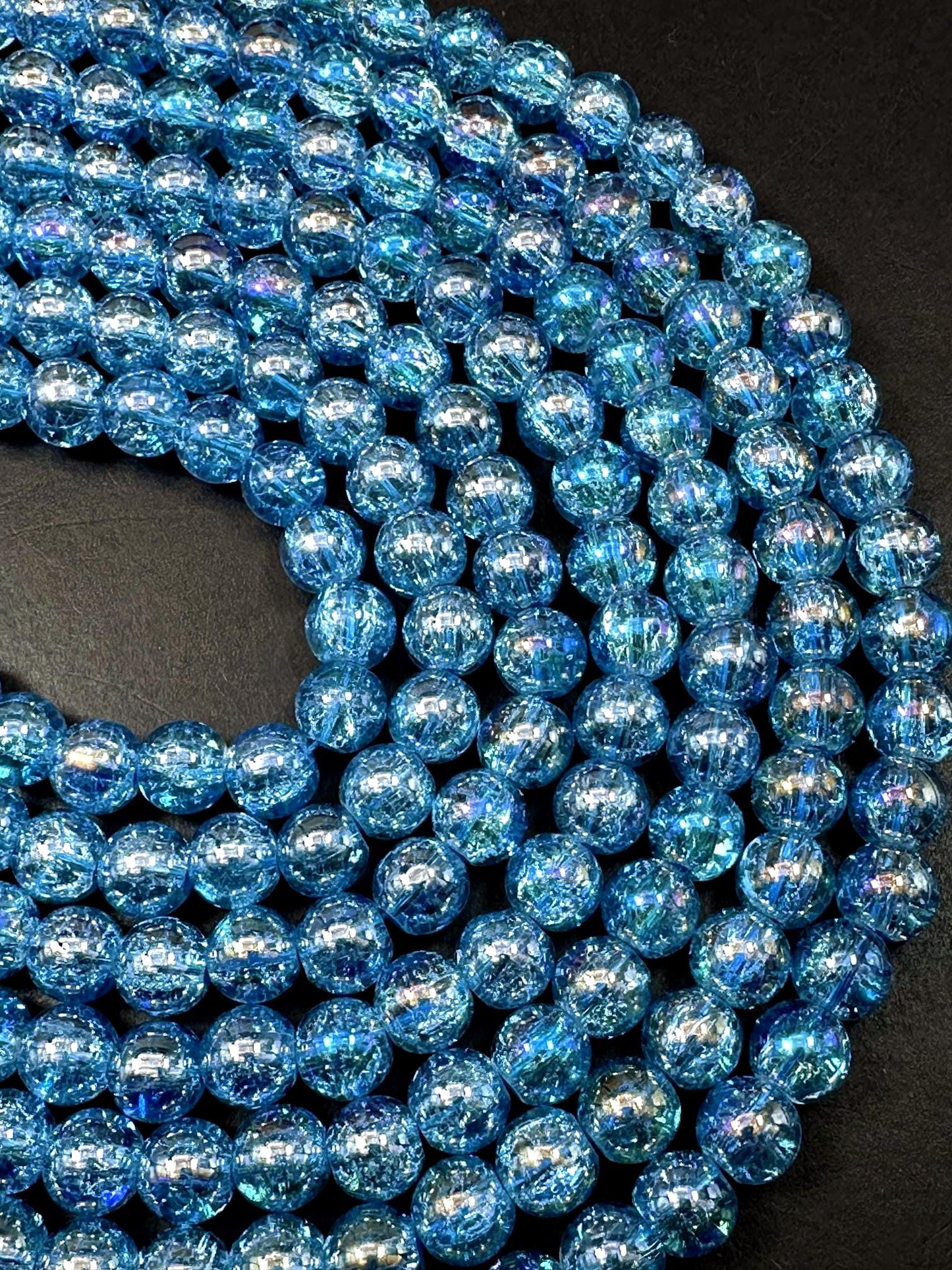 Turquoise Blue Crystal Glass Smooth Bead with Rainbow Flash. High quality crystal bead! Full strand 15.5