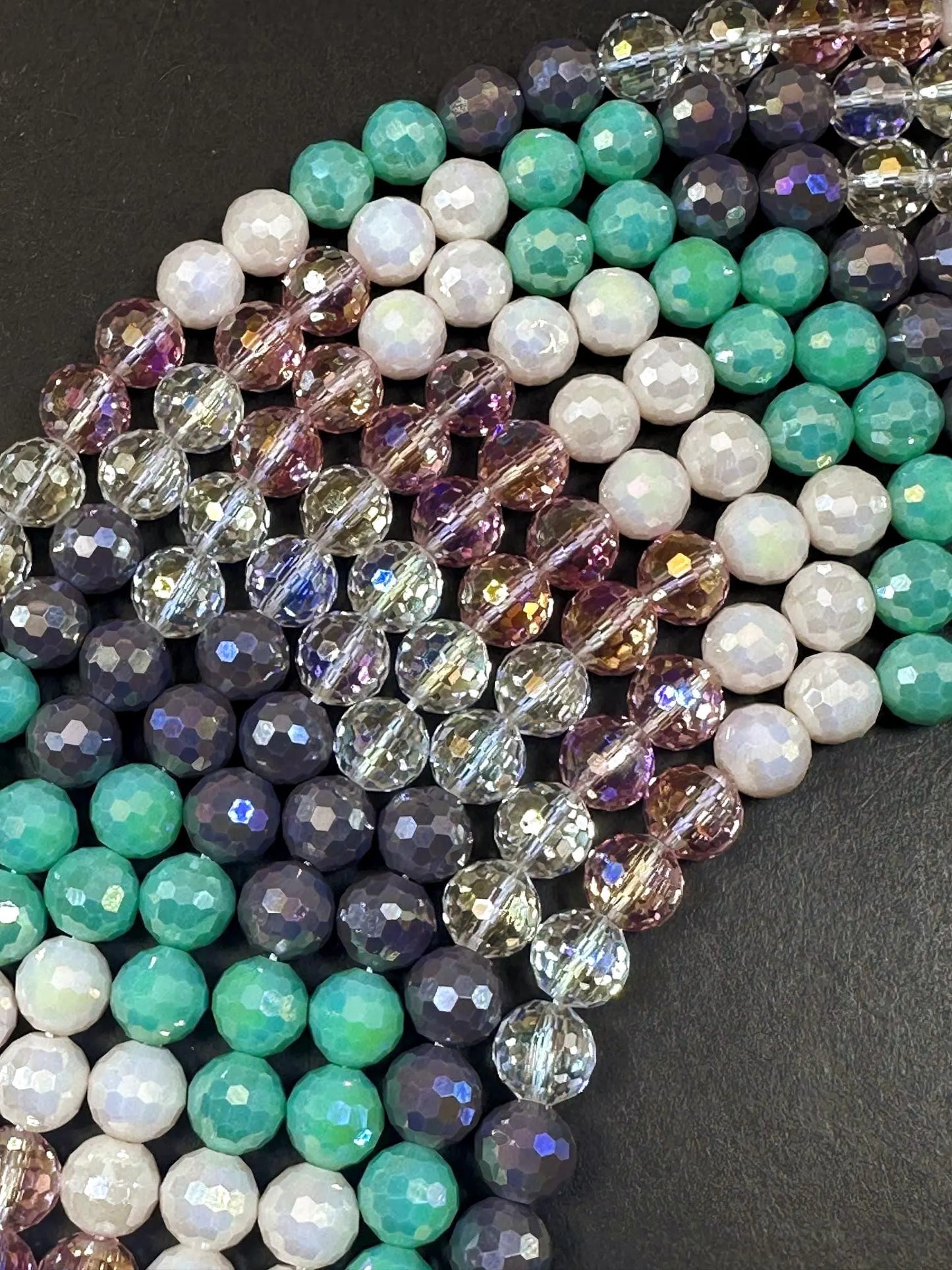 Beautiful Multicolor Crystal Glass Bead (White, Mint Green, Purple, Clear Pink, Clear) 10mm Faceted Round Shape Bead. High Quality 15.5"