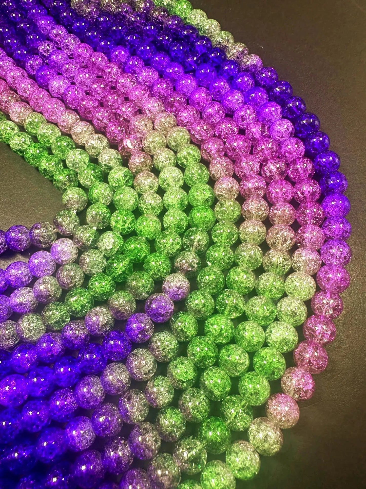 Gorgeous Purple Green Pink Three Shaded Crystal Crack Bead Smooth Round Shape High Quality 15.5"
