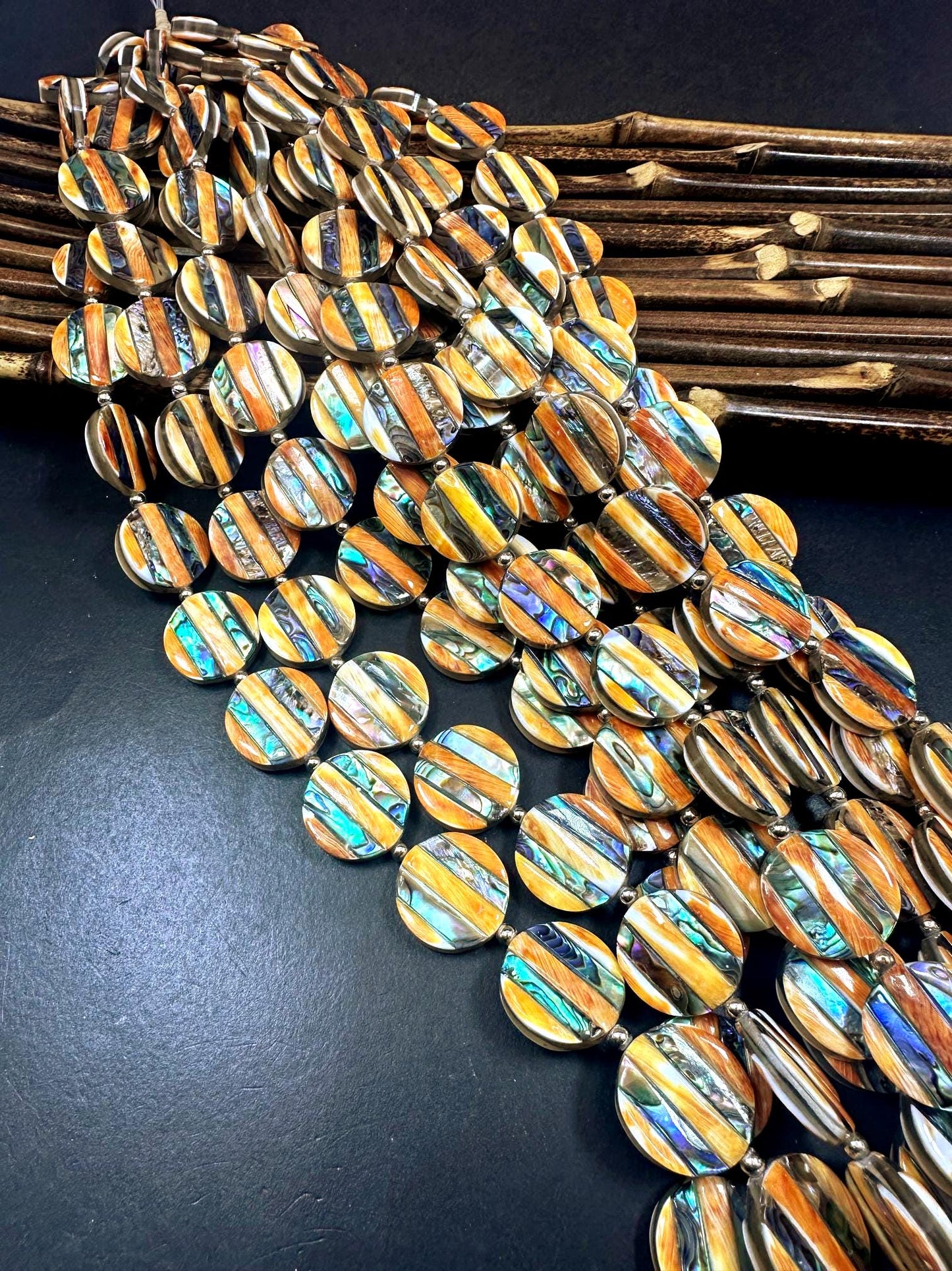 Guaranteed 100% 20x20mm natural spiny oyster shell with abalone coin shape bead 15.5'' strand Unique look! Super nice quality!
