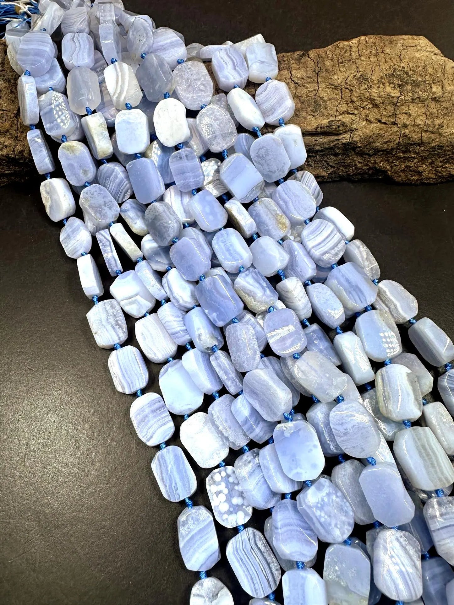 Natural blue lace agate rectangle shape bead. Natural blue color blue lace agate gemstone bead. Full strand 15.5”