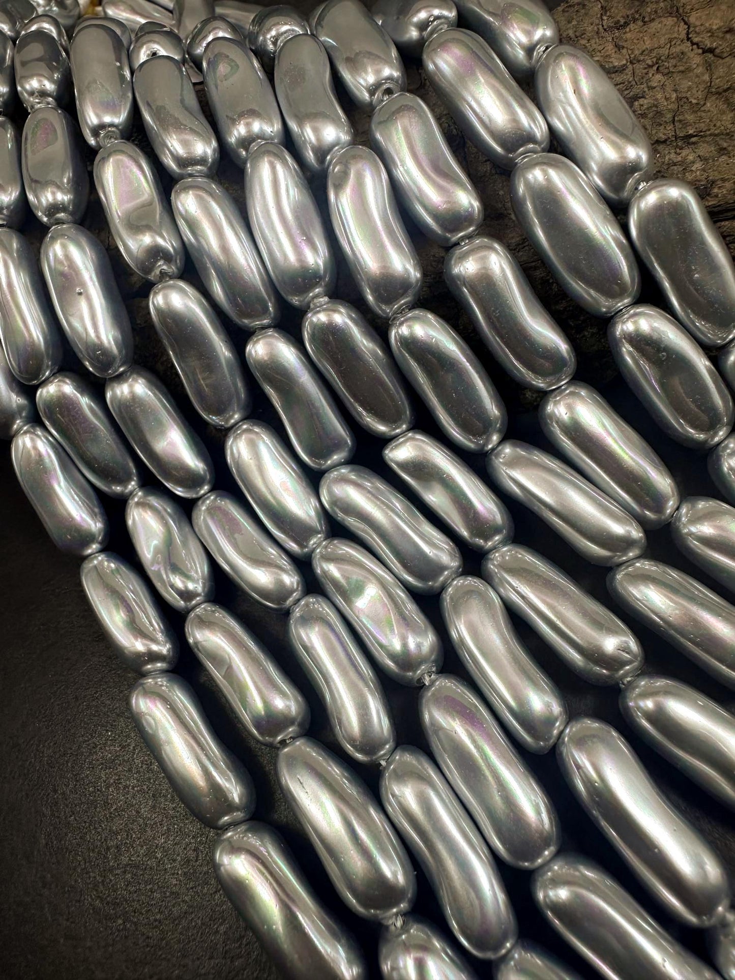 Gorgeous Silver Swarovski Pearl Crystal Beads 8x20mm Freeform Tube Shape. Beautiful Silver Color, High Quality 15.5"