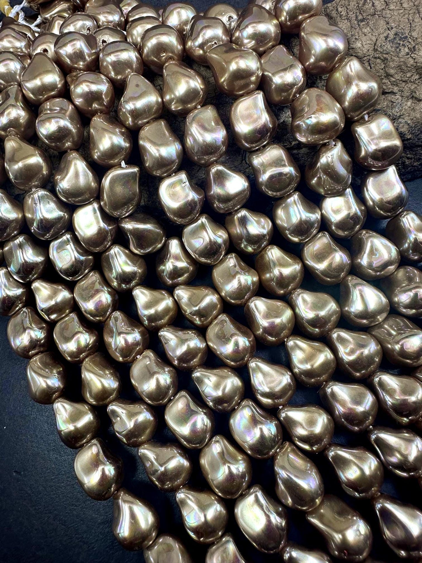 Gorgeous Chinese Gold Swarovski Pearl Crystal Beads 12x15mm Freeform Teardrop Shape. Beautiful Gold Color, High Quality 15.5"