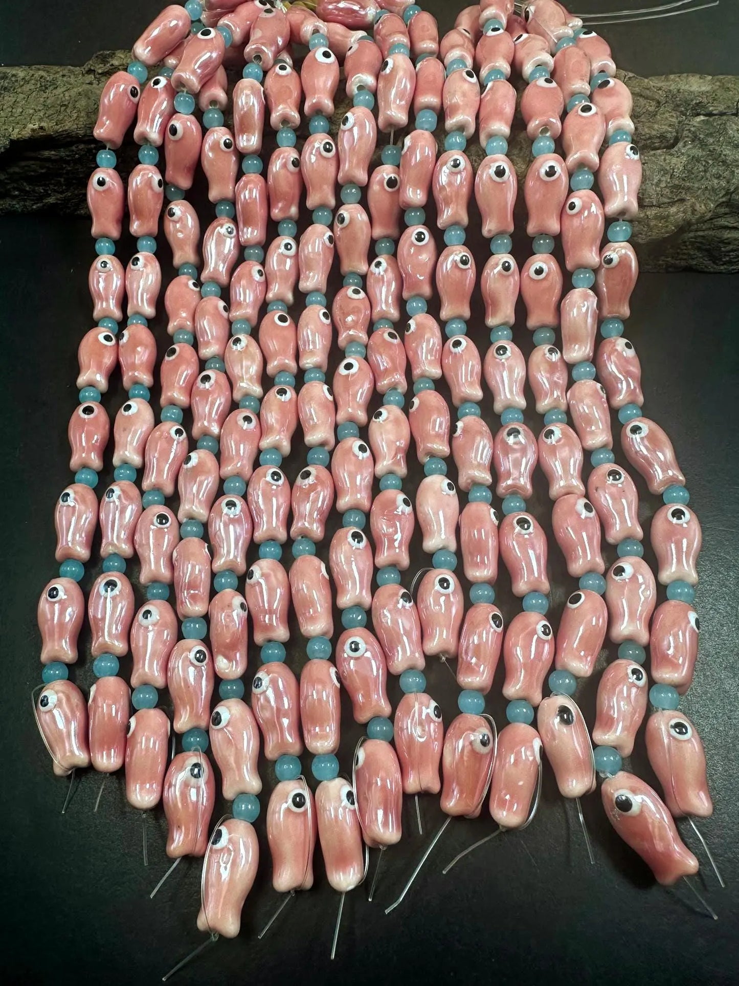 Pink Evil Eye Fish Shape Handmade Porcelain Beads, Beautiful Pink Color Great Quality 7.5"