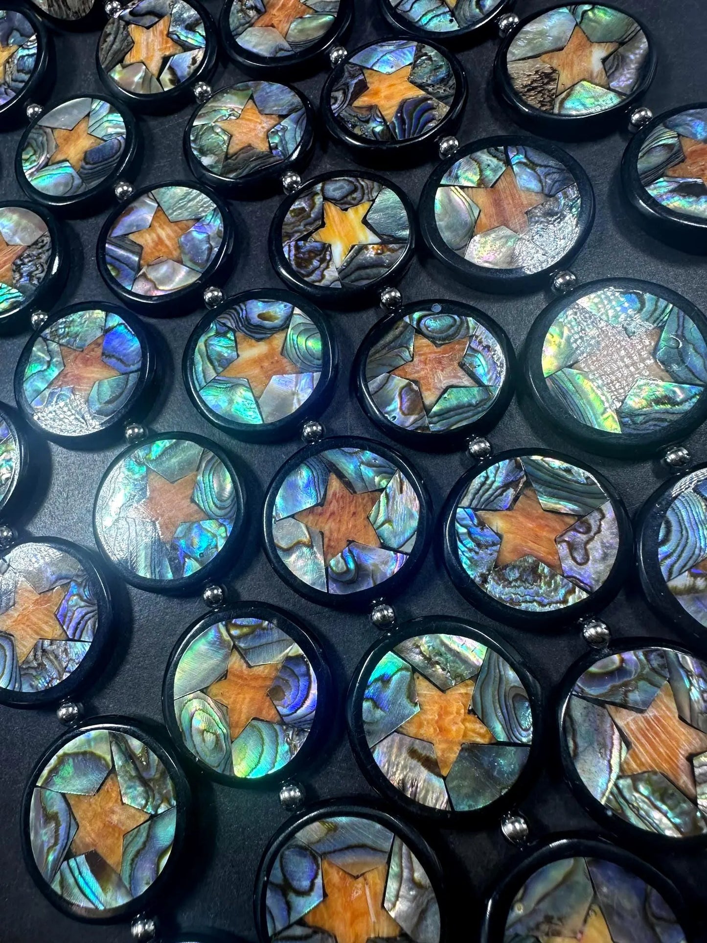 Natural Abalone Shell Coin Shape Beads with Orange Star 26mm, Unique and Great Quality 15.5"
