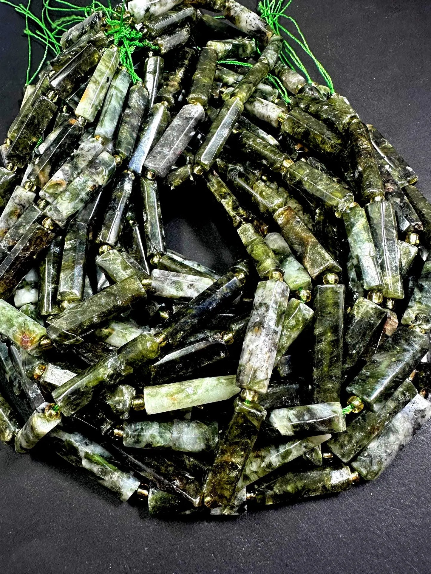 100% Natural Green Thin Tube Shape Moss Agate Gemstone Bead. 21x8mm-30x9mm, Beautiful Natural Green Moss Color, Excellent Quality 15.5"