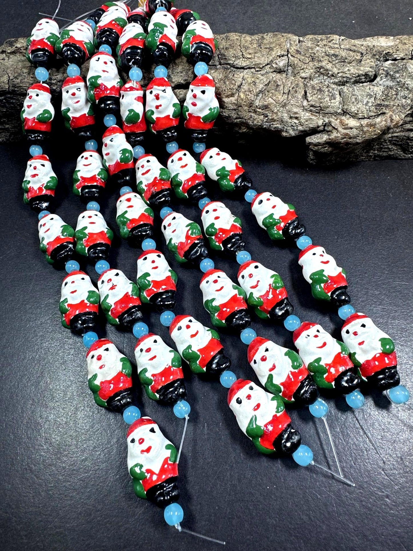 Adorable Christmas Santa Claus Shape Hand Painted Porcelain Beads, with Light Blue Spacers, Great Quality 7.5"