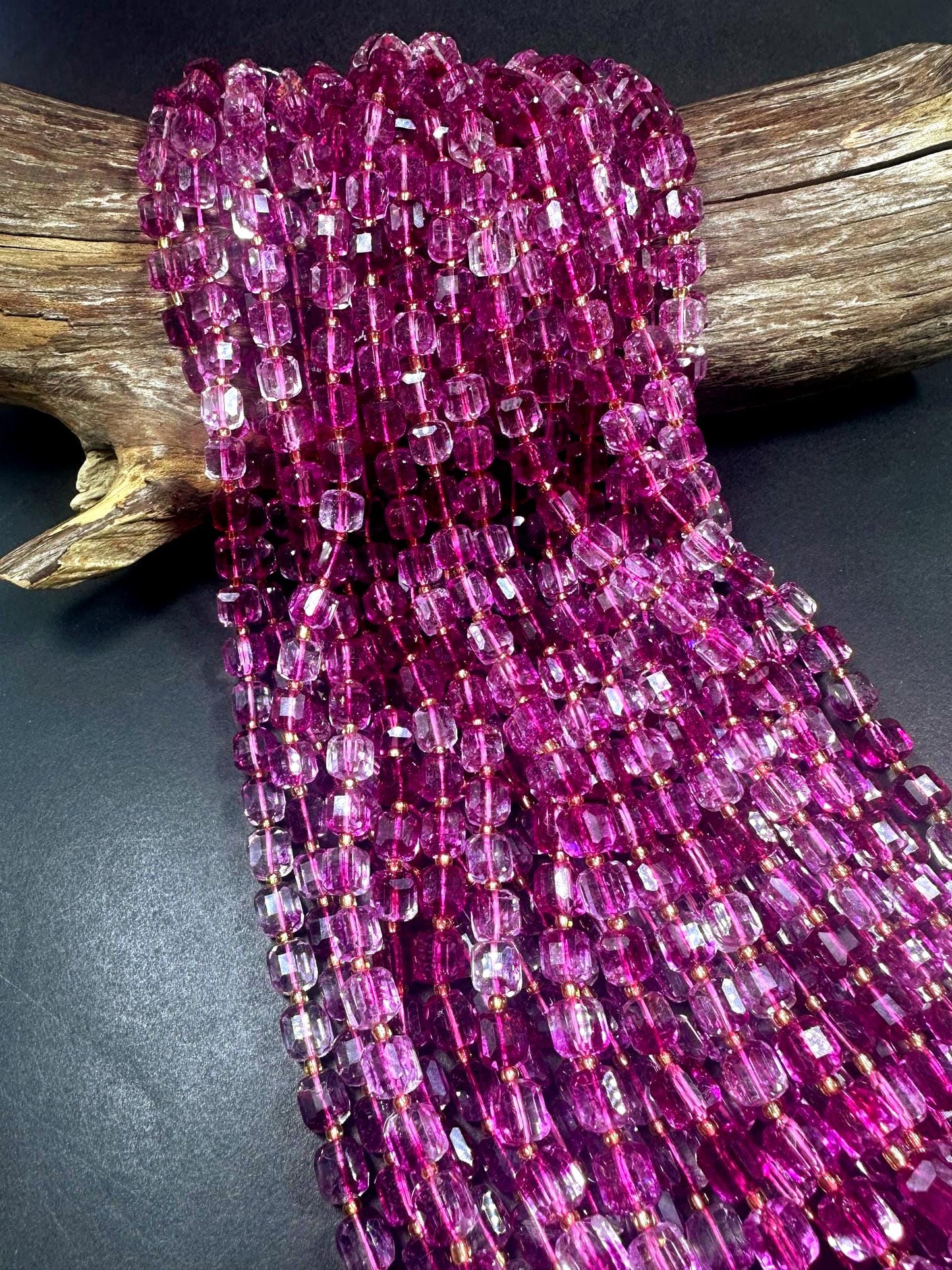 Beautiful Clear Hot Pink Cube Shape Quartz Crystal Bead, 8x8mm Hot Pink Color Great Quality 15.5"