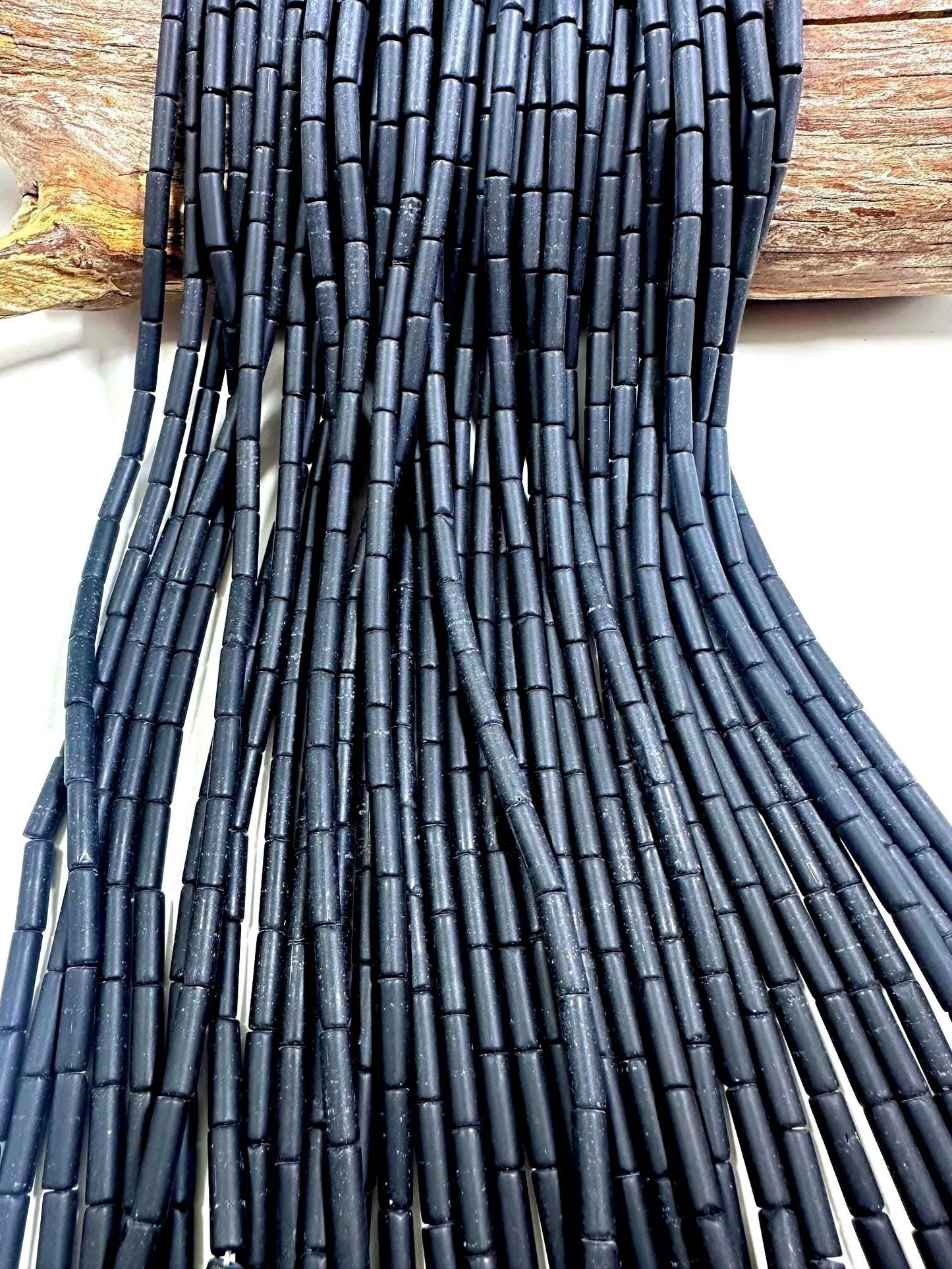 Natural Black Matte Thin Tube Shaped Onyx Gemstone Bead. 13x4mm, Beautiful Natural Black Color, Great Quality 15.5"