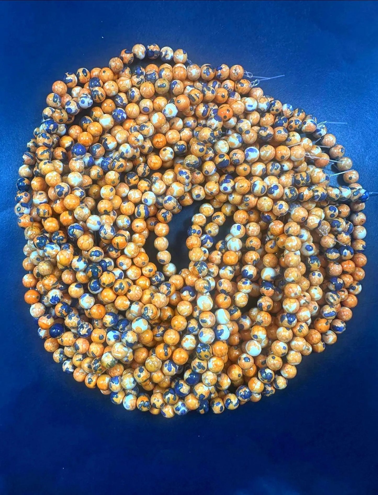 Beautiful Light Orange Blue Rain Flower Smooth Round Gemstone Beads. Stunning Orange and Blue Mixed Pattern, Great Quality Full Strand 15.5"