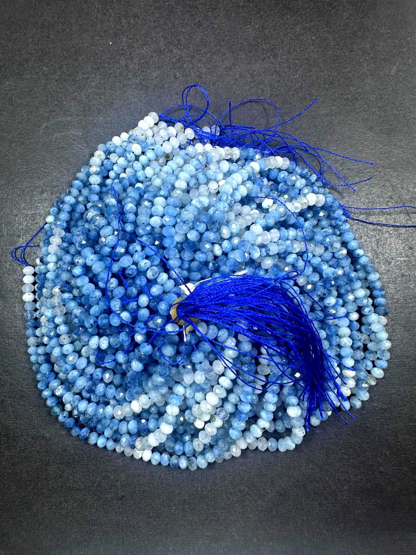 100% AAA Natural Aquamarine Faceted Rondelle Shaped Gemstone Beads. 5mm, Blue White Clear Multicolor Pattern Excellent Quality 15.5"