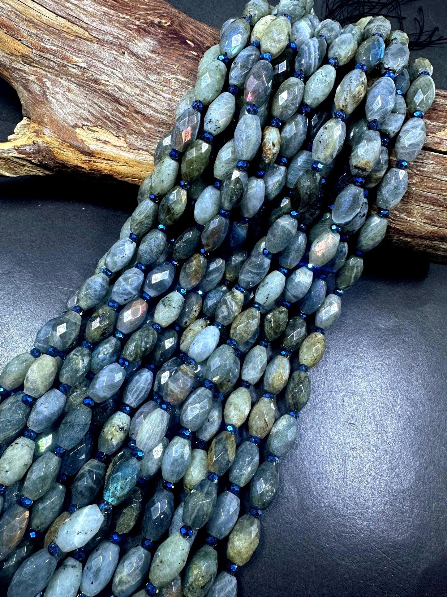 100% Natural Labradorite Faceted Barrel Gemstone Beads with Blue Flash. Stunning Dark Gray Color, 15x9mm, Excellent Quality 15.5"