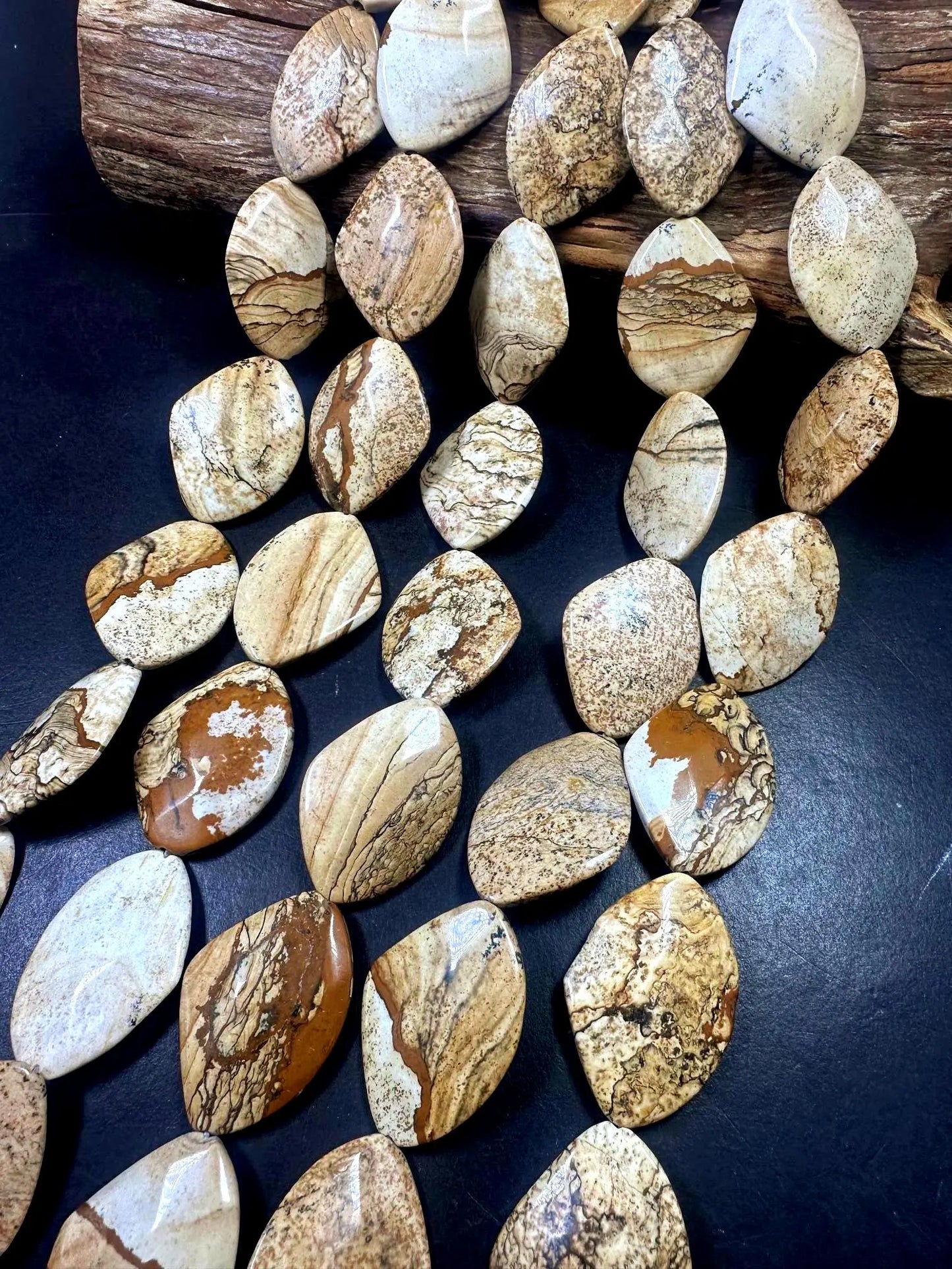 100% Natural Picture Jasper Curved Oval Shape Gemstone Pendants, 40x30mm Tan Beige Color Excellent Quality, Full Strand 15.5"