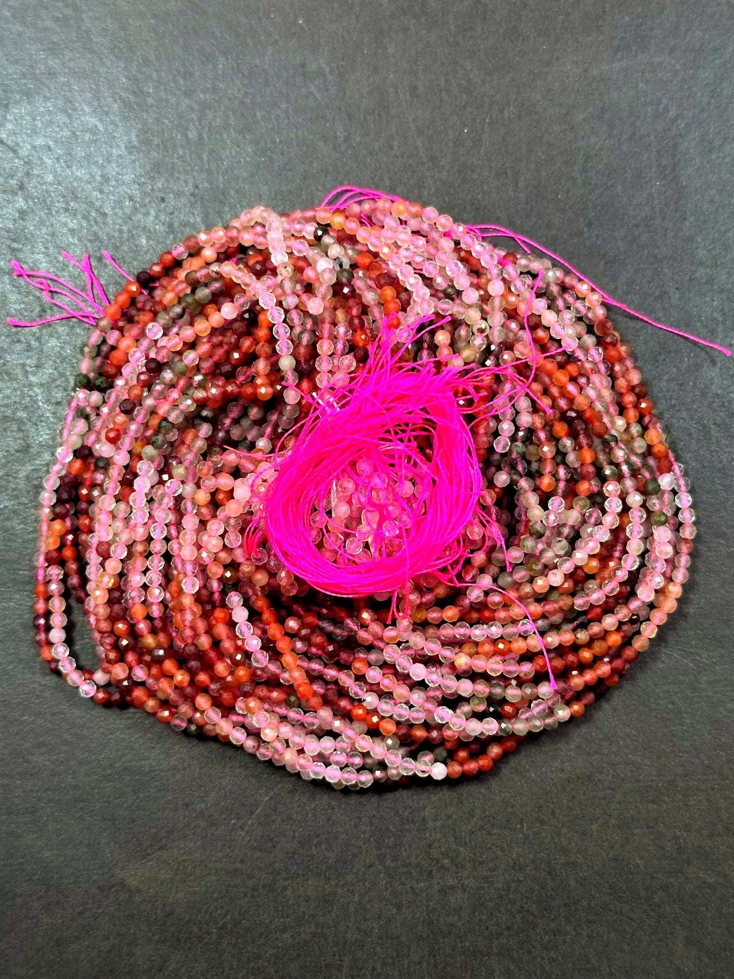100% Natural AAA Rutilated Quartz Faceted Round Shape Gemstone Beads. 3mm, Pink Orange Brown Multicolor Pattern, Great Quality 15.5"