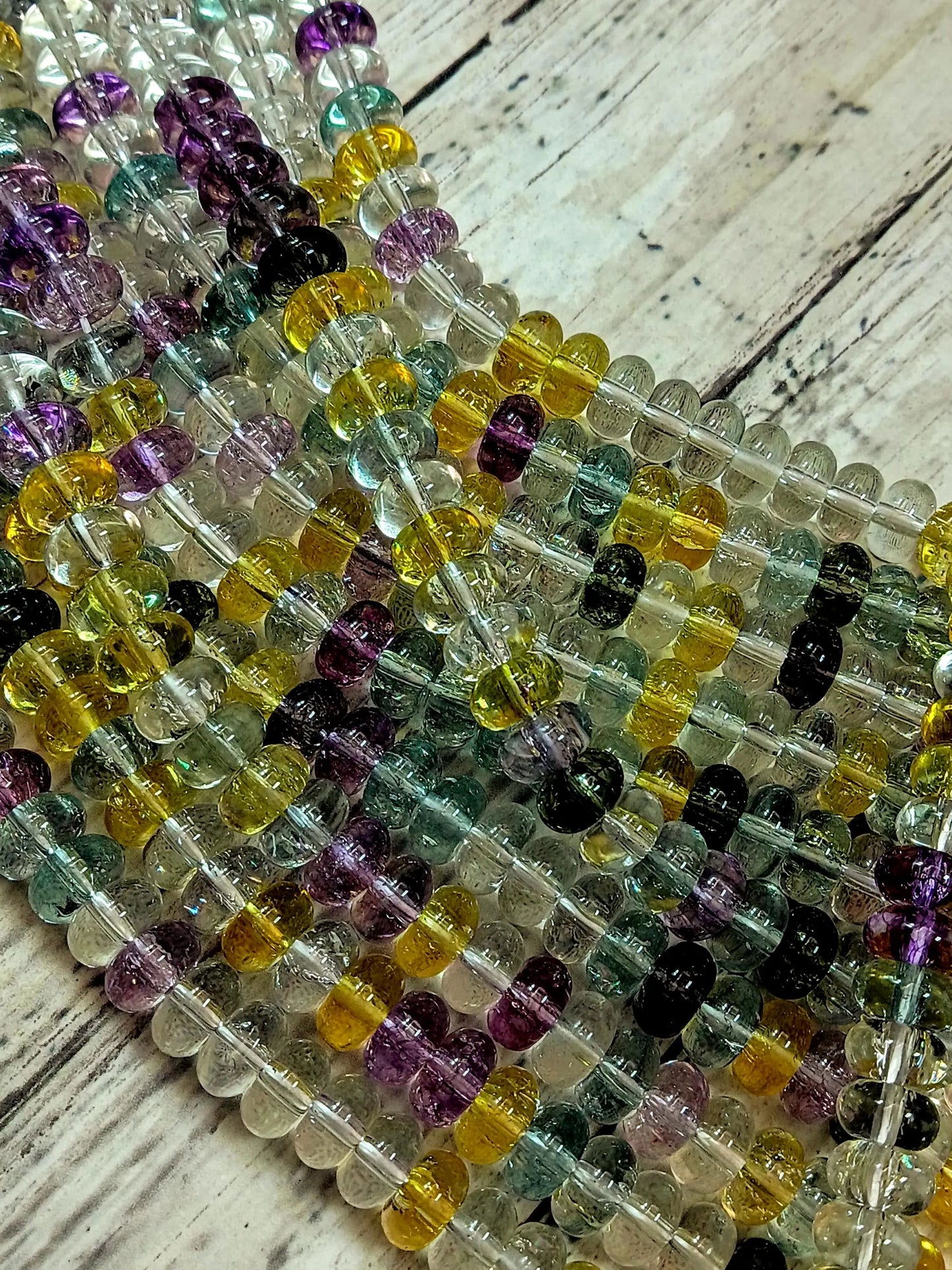 Gorgeous Rainbow multi color bead, Glass Smooth Rondelle Bead Purple, Sky blue and yellow. 8x5mm Super nice quality. full strand 15.5”