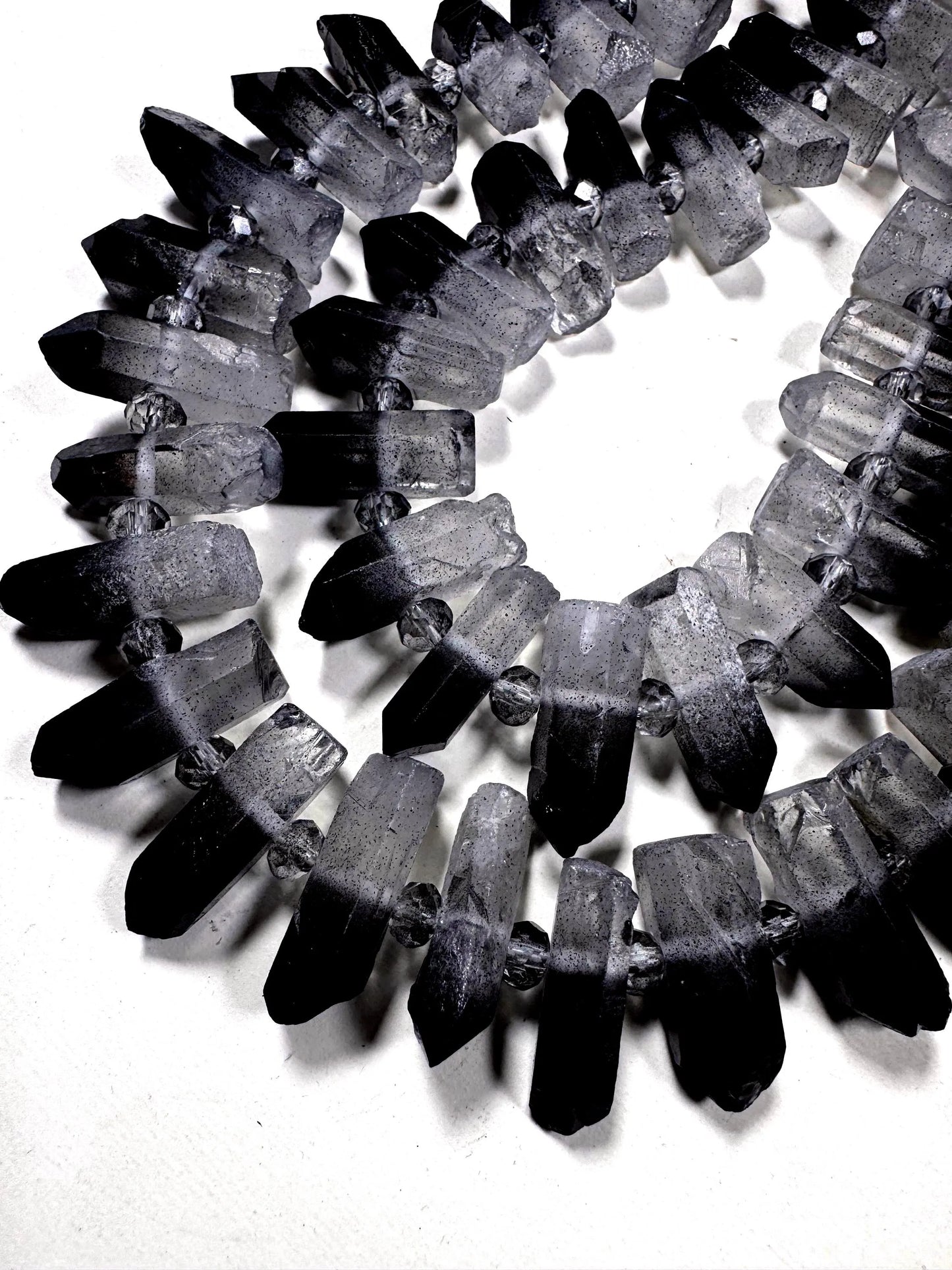 100% Natural Rock Crystal quartz . freedom teeth shape . black white color . full strand 15.5