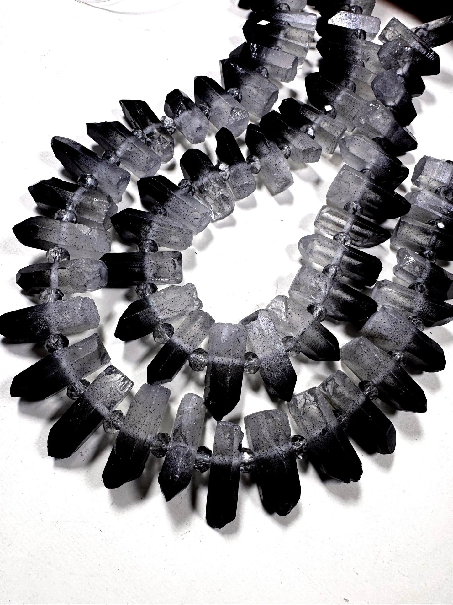 100% Natural Rock Crystal quartz . freedom teeth shape . black white color . full strand 15.5