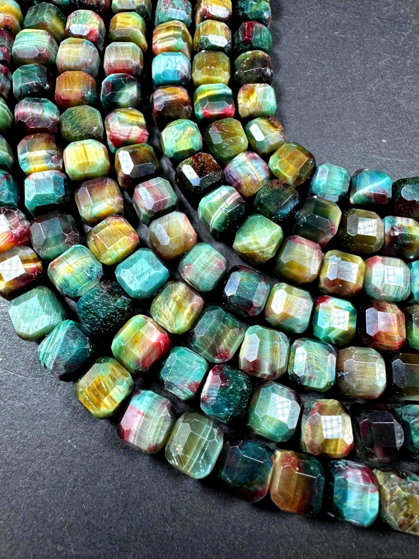 Natural galaxy tiger eye stone bead faceted 9mm cube shape. Beautiful rainbow galaxy color. High quality gemstone bead.