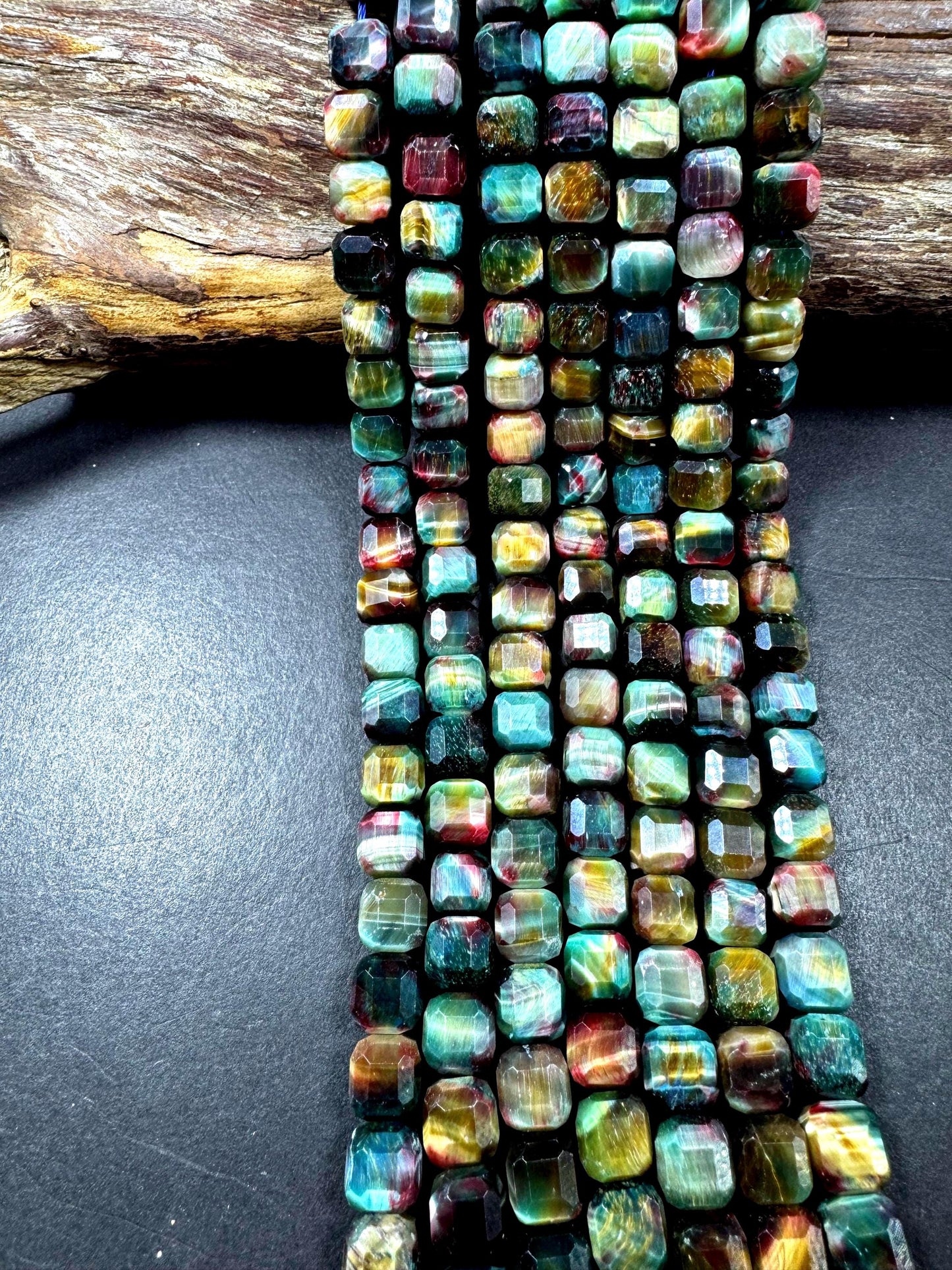 Natural galaxy tiger eye stone bead faceted 9mm cube shape. Beautiful rainbow galaxy color. High quality gemstone bead.