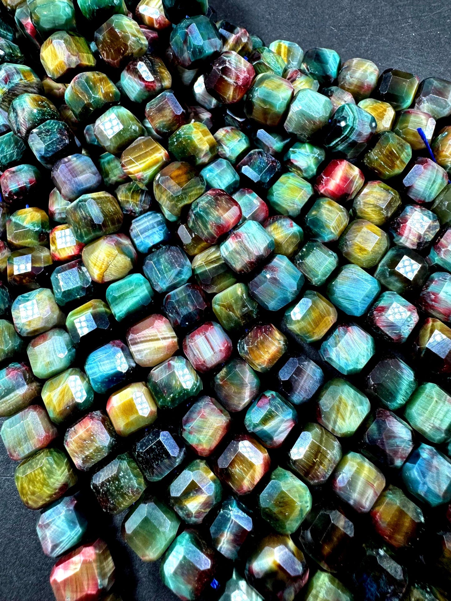 Natural galaxy tiger eye stone bead faceted 9mm cube shape. Beautiful rainbow galaxy color. High quality gemstone bead.