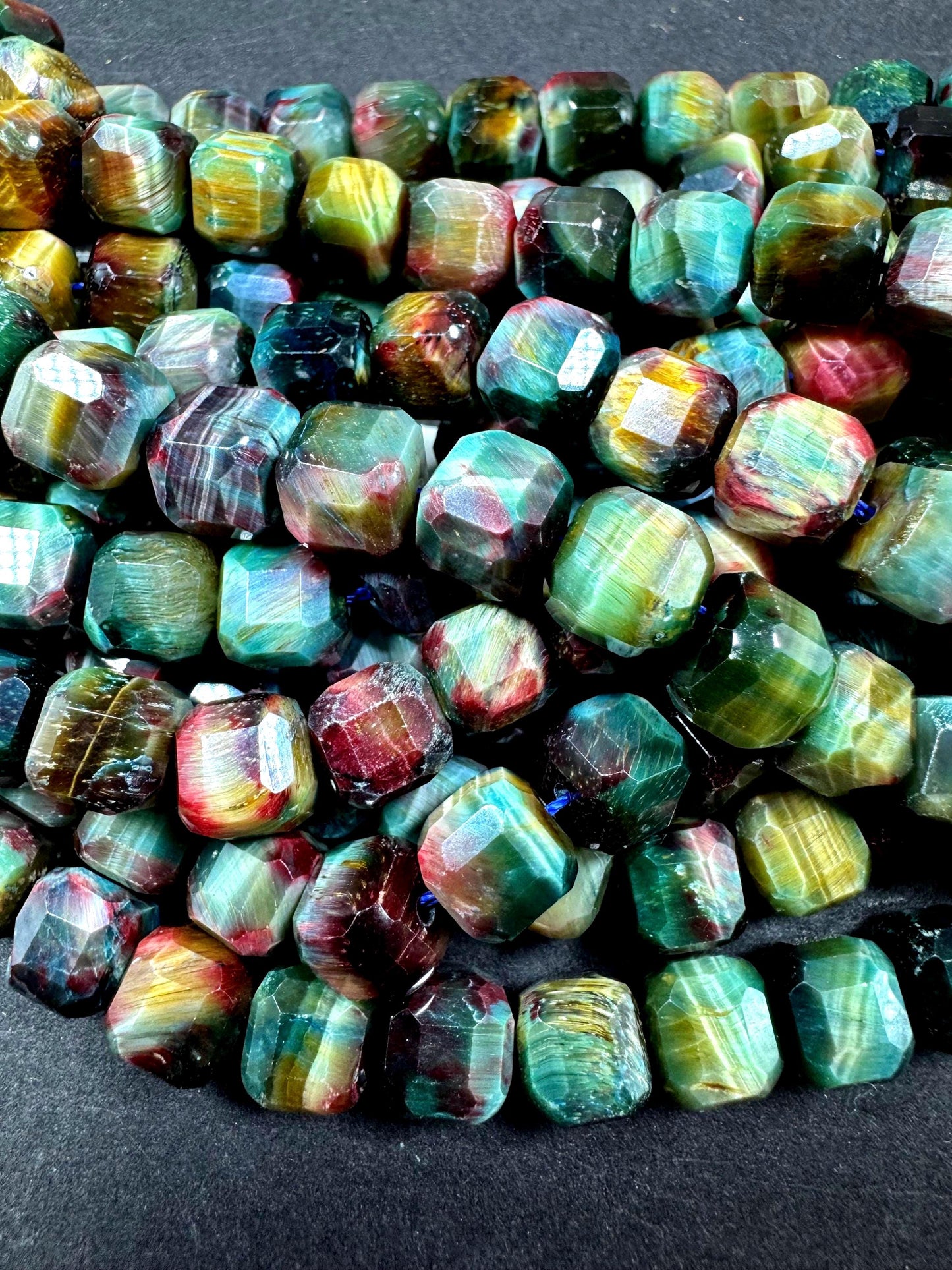 Natural galaxy tiger eye stone bead faceted 9mm cube shape. Beautiful rainbow galaxy color. High quality gemstone bead.