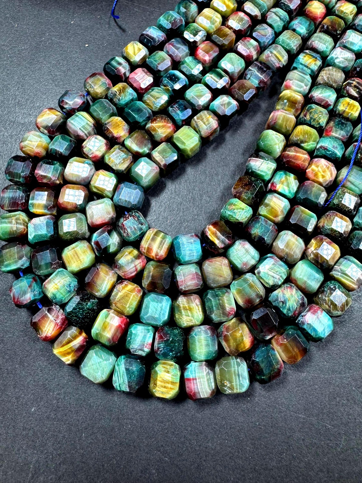 Natural galaxy tiger eye stone bead faceted 9mm cube shape. Beautiful rainbow galaxy color. High quality gemstone bead.