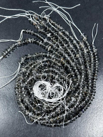 NATURAL Rutilated Quartz Gemstone Bead 7-9mm Freeform Rondelle Shape Beads, Beautiful Black Gray Color Black Hairs Loose Bead 15.5" Strand