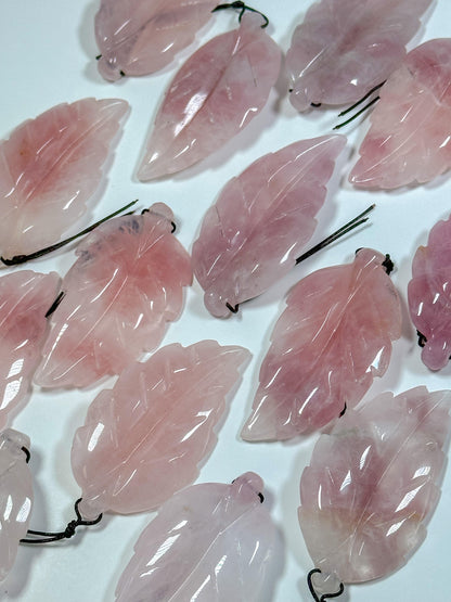 NATURAL Beautiful Hand Carved Rose Quartz Gemstone Pendant 60x31mm Leaf Shape, Gorgeous Natural Pink Color Rose Quartz Pendant